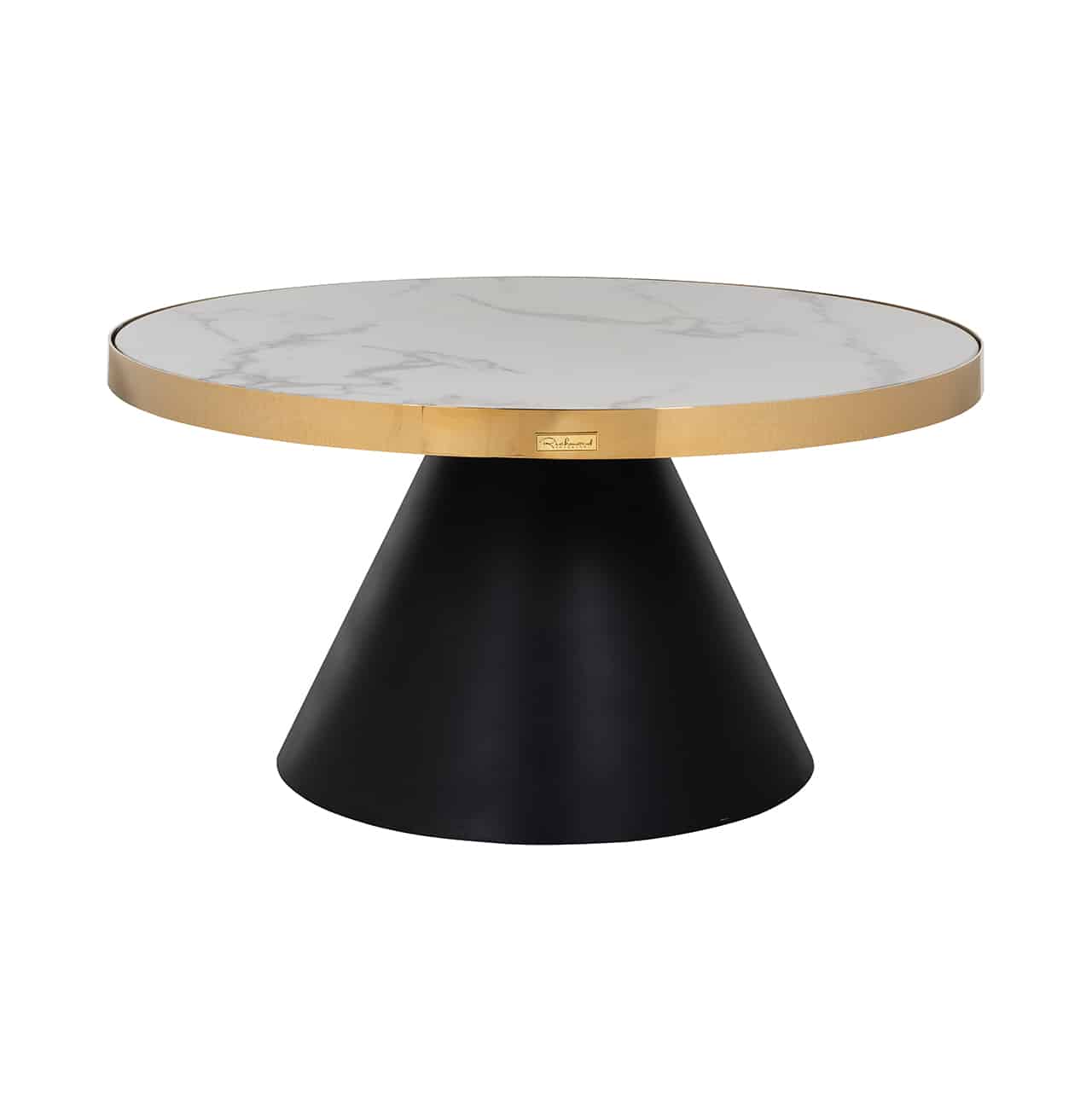 Couchtisch mit einem Fuß im Design eines breiten, abgeschnittenen Kegels, darauf eine runde, weiß marmorierte Platte, eingefasst von einem goldenen Ring.