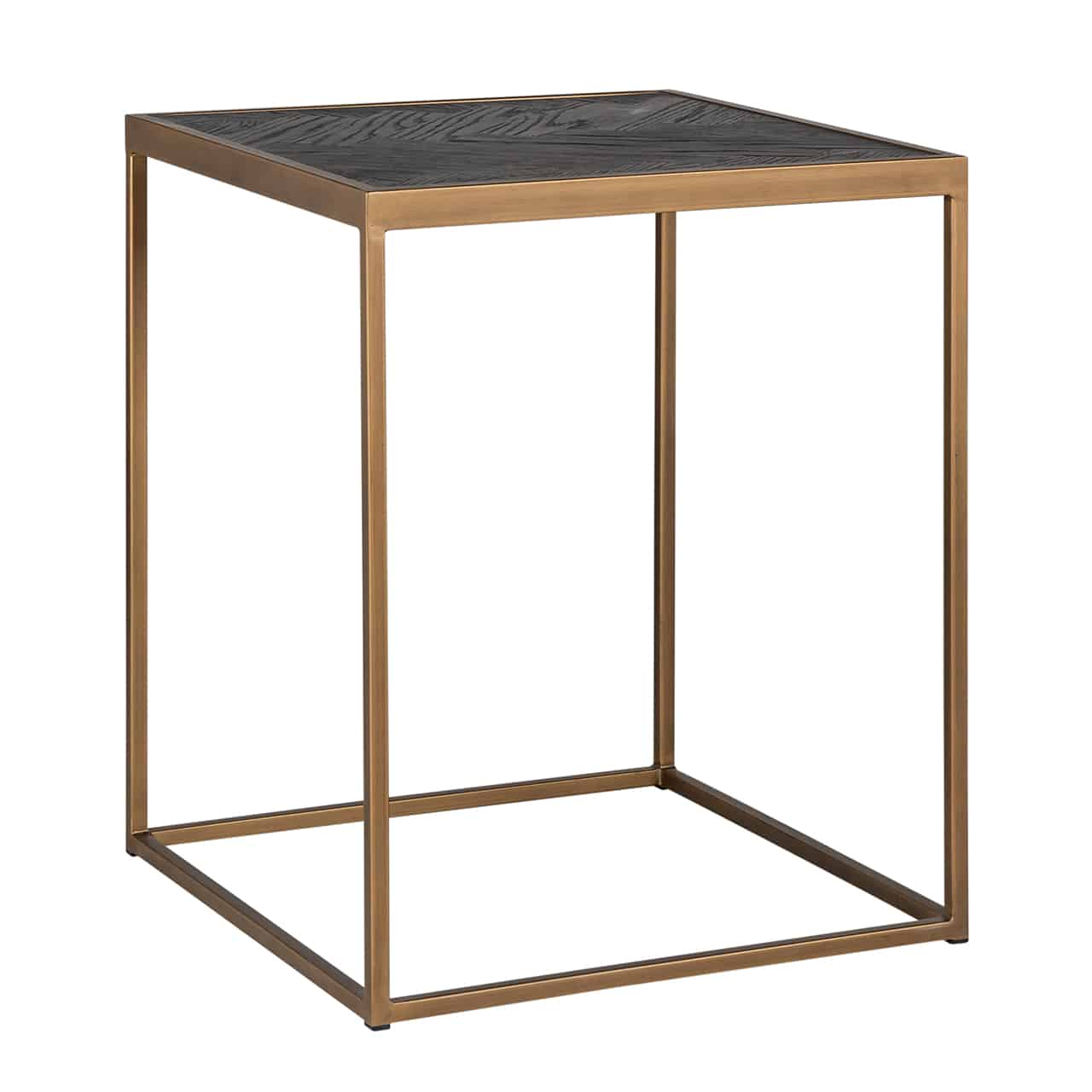 Beistelltisch bestehend aus einem  matt goldenem Metallgestell, in dem oben eine quadratische, schwarze Tischplatte eingelegt ist.