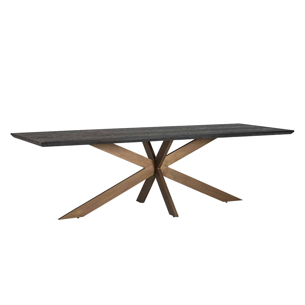 Esstisch, bestehend aus einem Gestell aus sternförmig angeordneten, matt goldenen Metallplanken und einer langen, rechteckigen Tischplatte aus braun-schwarzem Eichenholz.