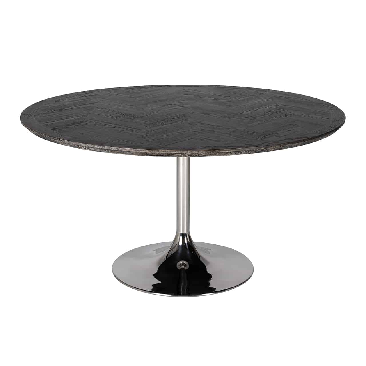 Esstisch, bestehend aus einem silber glänzendem, röhrenförmigen Fuß auf einem großen Bodenteller, darauf eine runde Tischplatte aus braun-schwarzem Eichenholz.