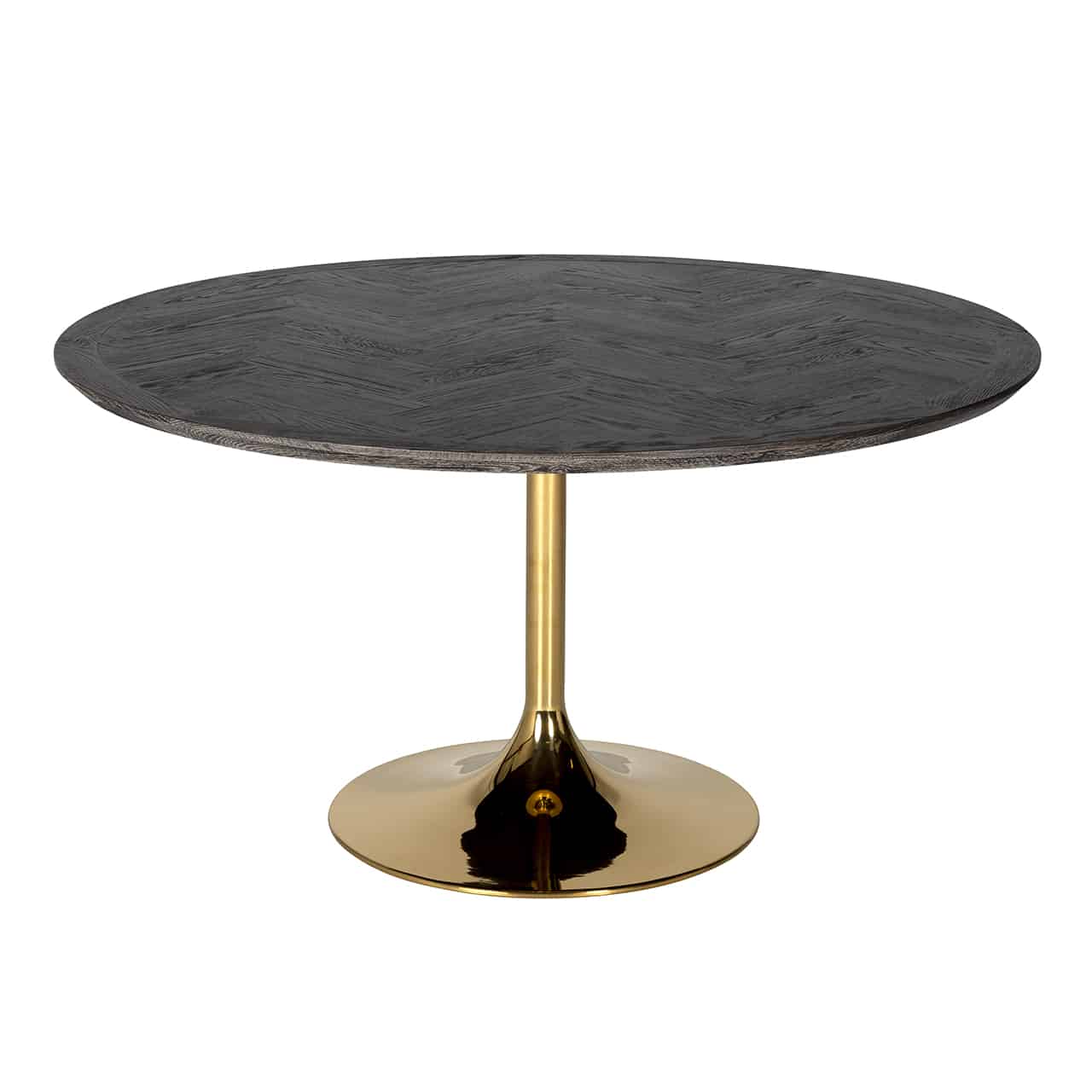 Esstisch, bestehend aus einem glänzend goldenen, röhrenförmigen Fuß auf einem großen Bodenteller, darauf eine  runde Tischplatte aus braun-schwarzem Eichenholz.