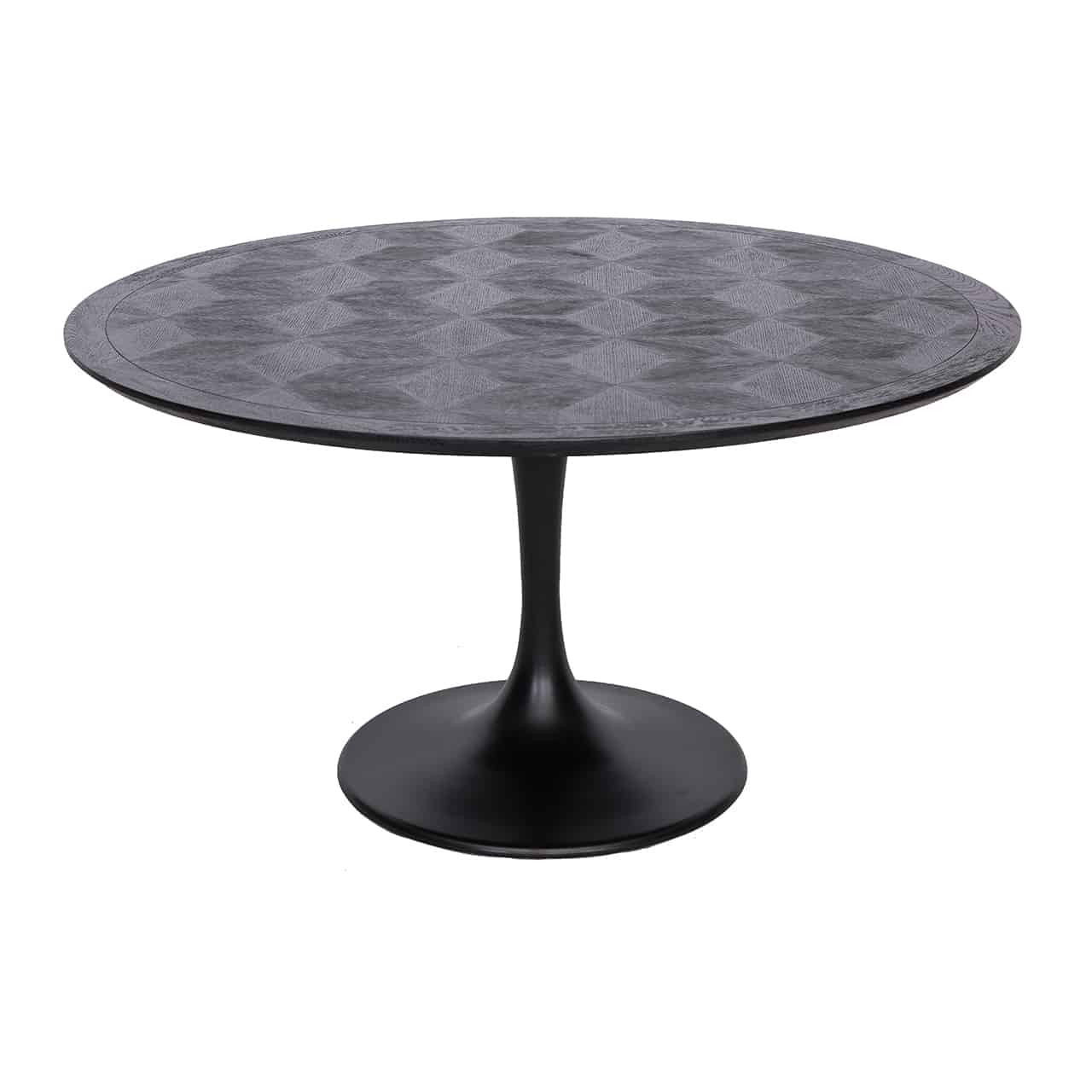 Schwarzer Esstisch mit einem röhrenförmigen Fuß auf einem großen Standteller, darauf eine runde Holzplatte mit Rautenmuster.