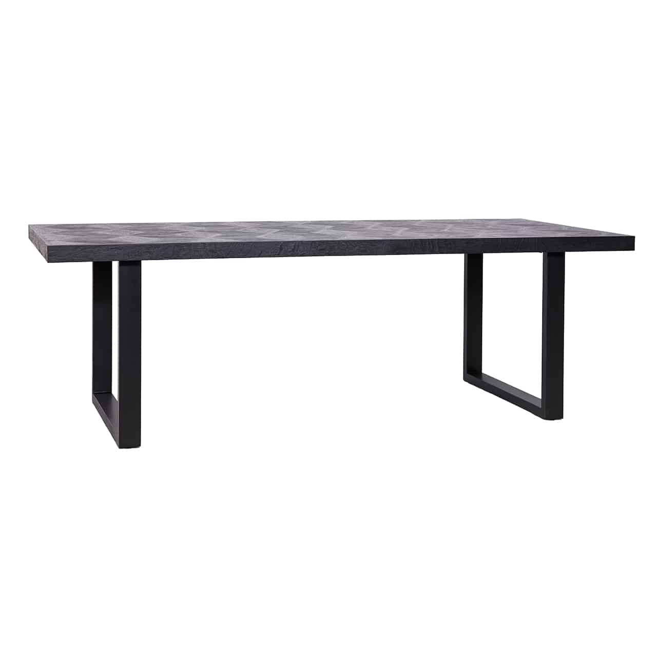 Schwarzer Esstisch beidseitig mit breiten Kufen aus Edelstahl, darauf eine lange, rechteckige Tischplatte aus Holz im Rautenmuster.