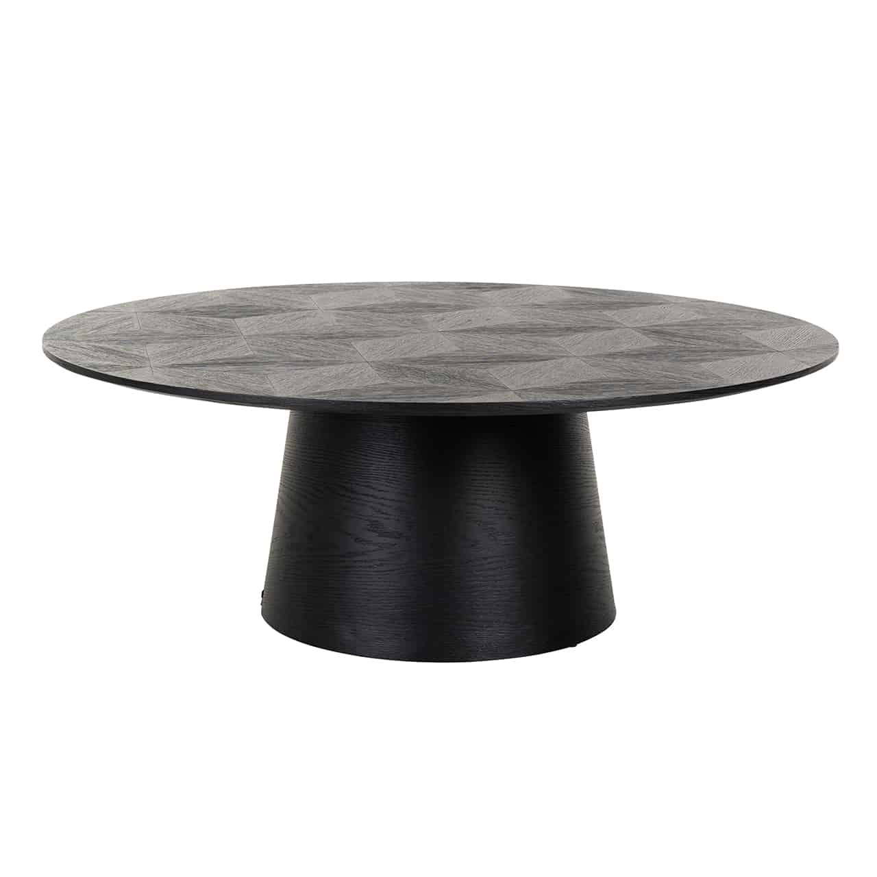 Schwarzer Couchtisch; auf einem trommelförmigen, unten im Radius etwas breiteren Tischgestell ist eine  dünne, runde Tischplatte angebracht.