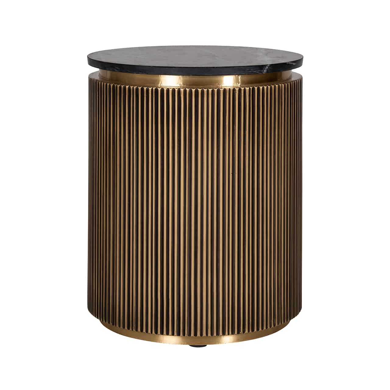 Beistelltisch, zylinderförmig in gold mit umlaufender, vertikaler Riffelung und einer runden Tischplatte aus schwarzem Marmor.