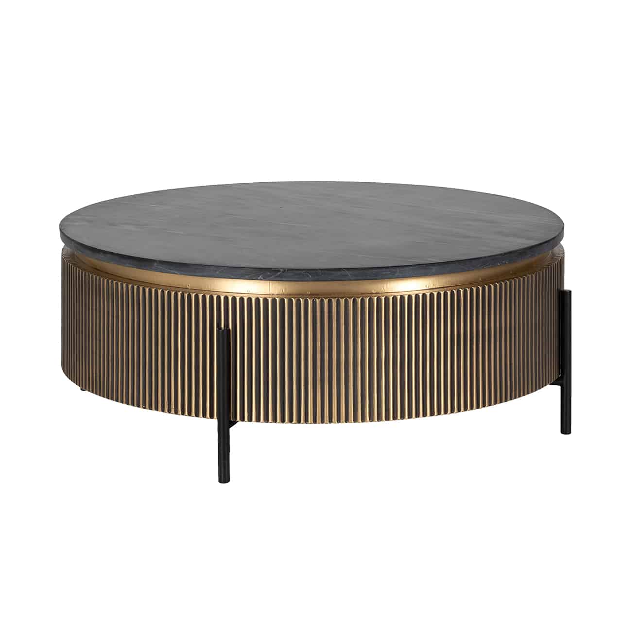 Couchtisch rund auf drei schwarzen, dünnen Beinen im Design einer großen Trommel; die Außenseite gold mit tiefen Rillen, abgeschlossen mit einem goldenen Ring, darauf eine runde schwarze Tischplatte.