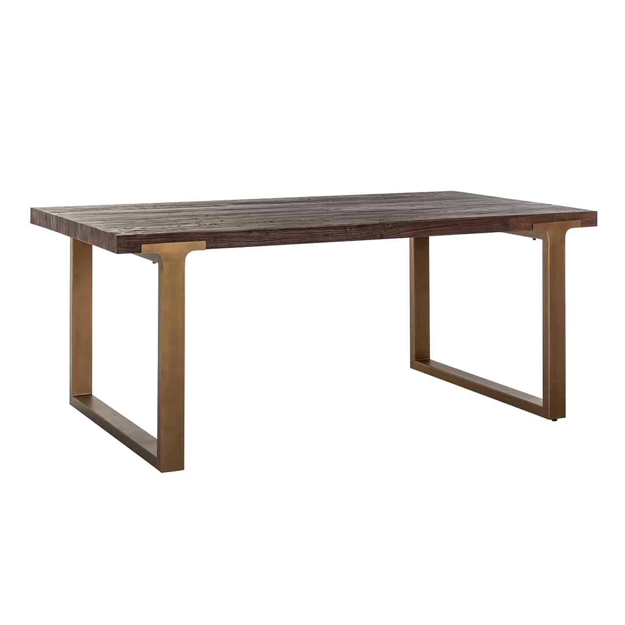 Esstisch, beidseitig mit breiten Kufen aus matt goldenem Edelstahl, darauf eine lange, rechteckige Tischplatte aus recyceltem Ulmenholz.