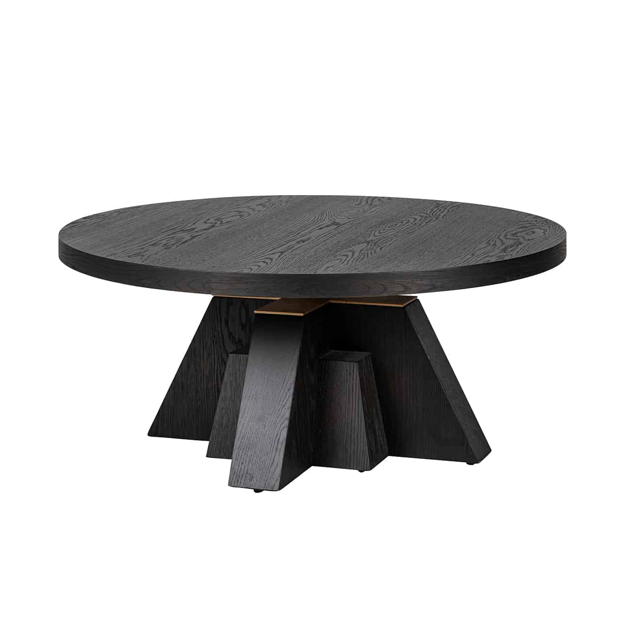 Schwarzer Couchtisch mit einer runden Platte auf einem Fuß, bestehend aus gekreuzten nach außen stehenden dicken Holzplanken, zwischen Holzplanken und Tischplatte eine goldene Abdeckung.