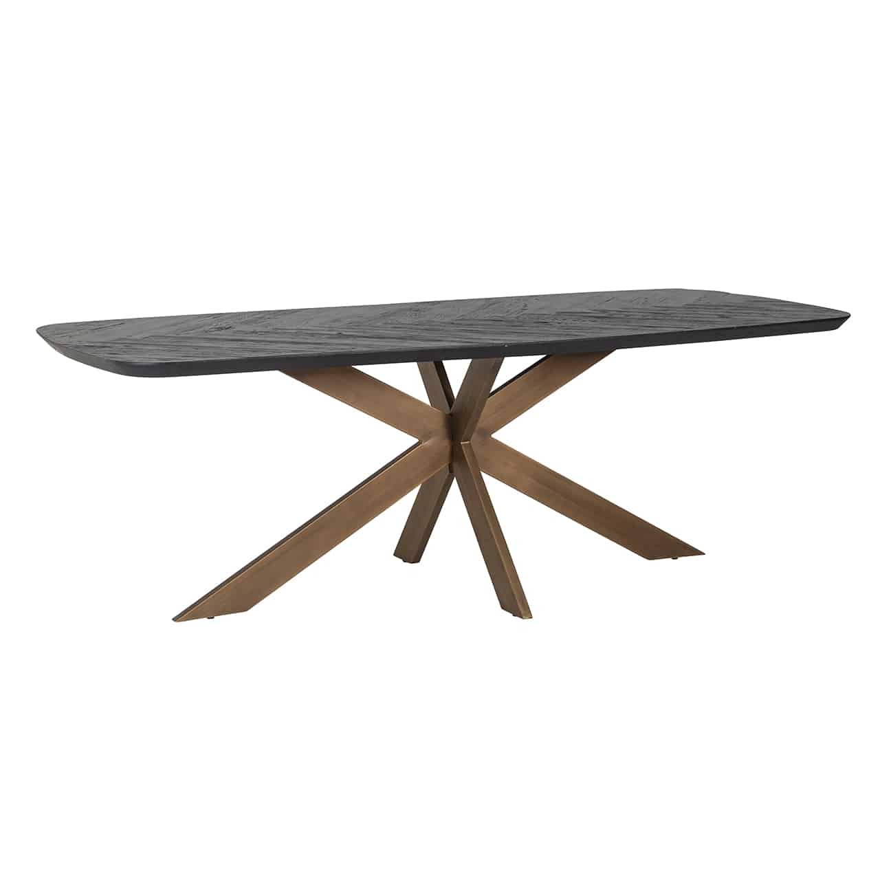 Esstisch mit einem Metallgestell aus sternförmig angeordneten goldenen Planken; darauf eine quadratische Tischplatte mit abgerundeten Ecken. aus recyceltem Holz.