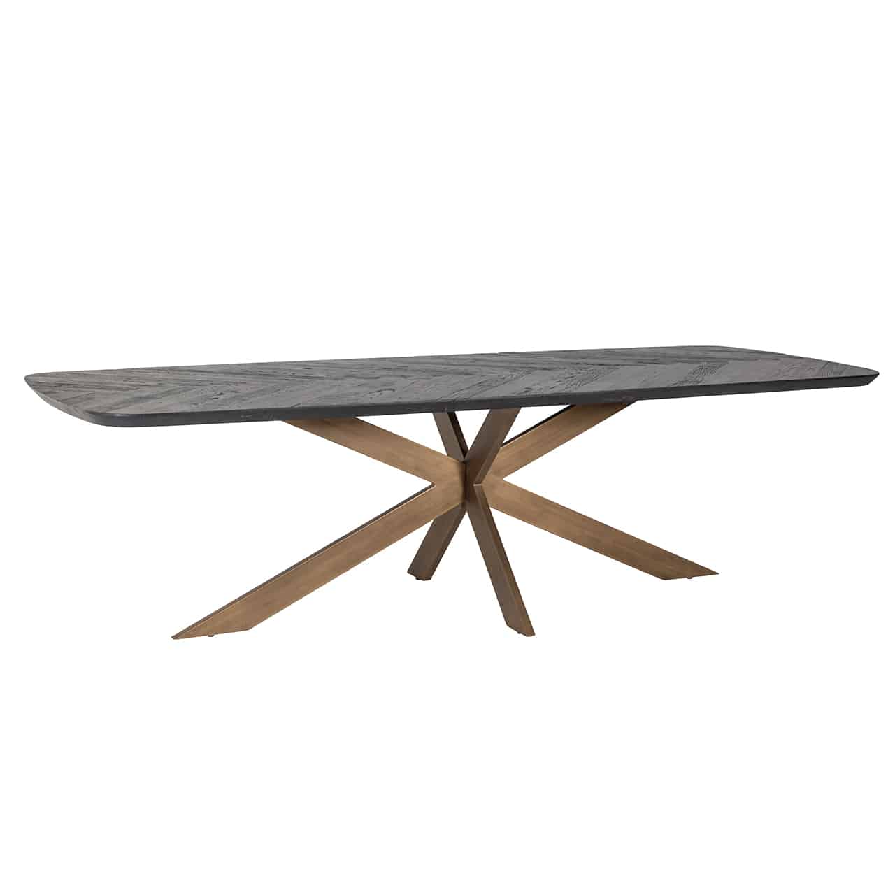 Esstisch mit einem Metallgestell aus sternförmig angeordneten goldenen Planken; darauf eine quadratische Tischplatte mit abgerundeten Ecken. aus recyceltem Holz.