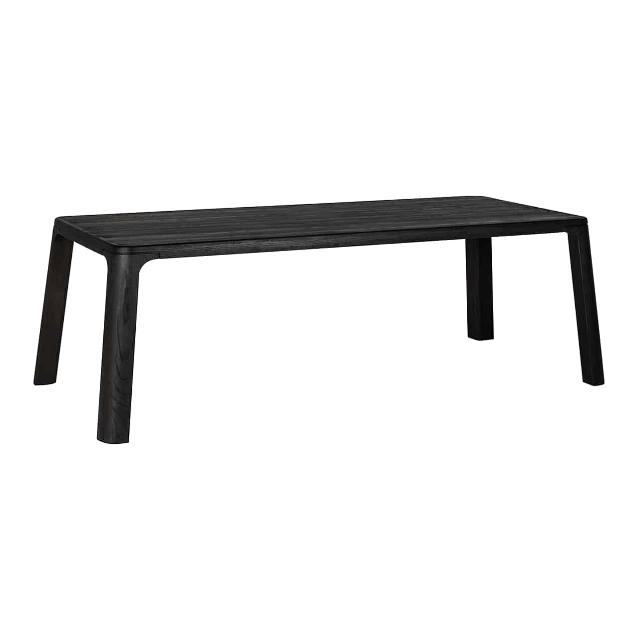Langer, rechteckiger Esstisch in schwarz, mit leicht nach außen stehenden, abgerundeten Beinen; auch die Ecken des Tisches sind abgerundet.