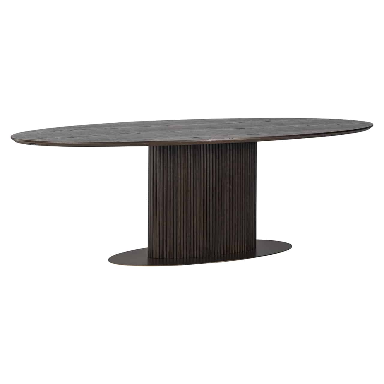 Brauner Esstisch mit einer ovalen Bodenplatte, darauf ein ovaler Sockel mit Längsrillen und einer großen, ebenfalls ovalen Tischplatte.