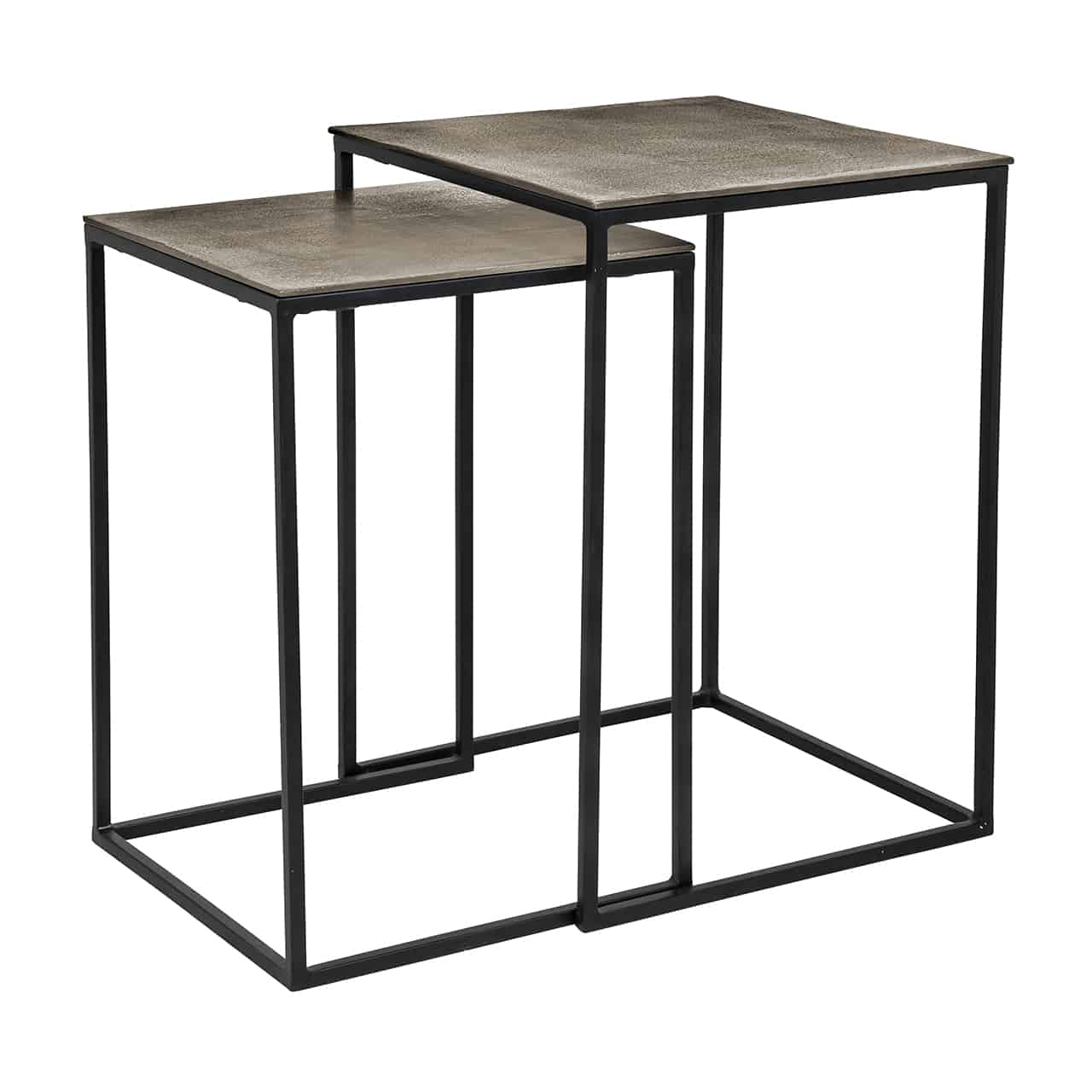2er Set Beistelltische; zwei unterschiedlich große, quaderförmige Metallgestelle, aufrechtstehend, in schwarz mit brauner Tischplatte; leicht ineinandergeschoben.