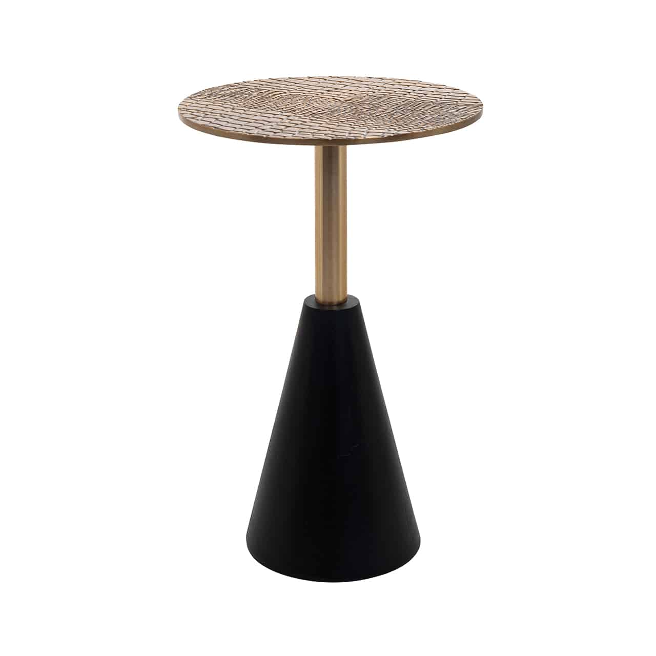 Beistelltisch mit einem schmalen, kegelförmigen Fuß in schwarz, darauf ein goldenes Metallrohr mit aufgesetzter runder Tischplatte in gehämmertem Gold.