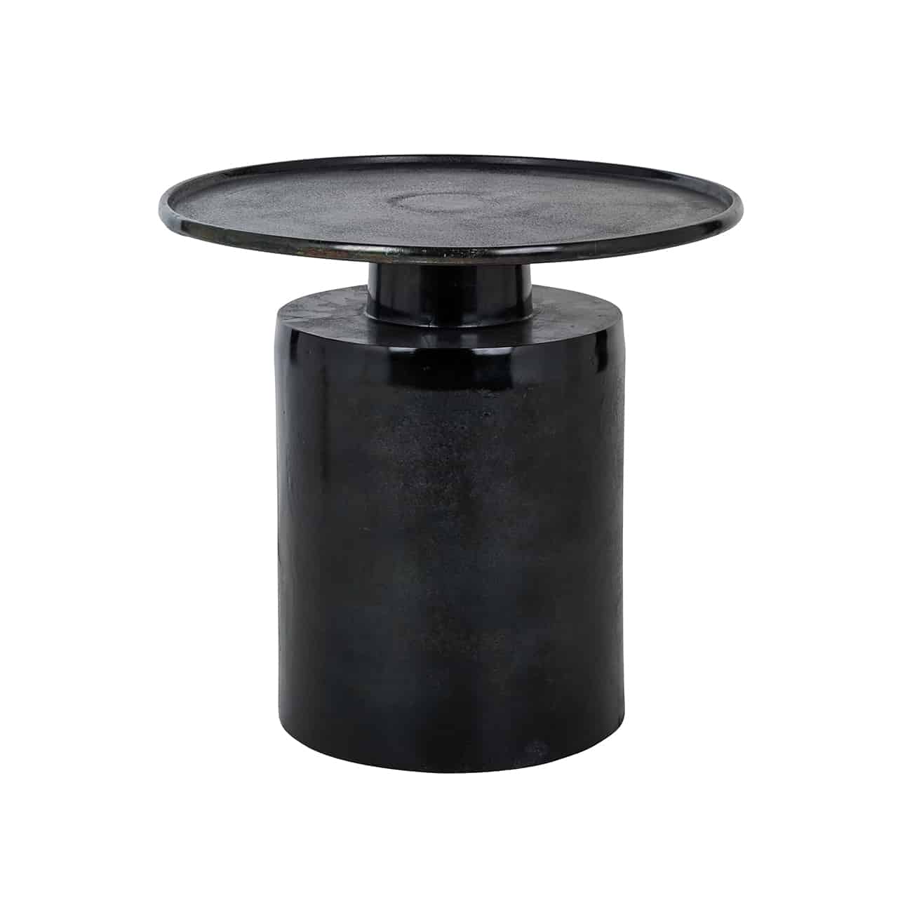 Beistelltisch schwarz glänzend, bestehend aus einem zylinderförmigen Fuß, darauf ein kleiner runder Sockel, mit einer runden Tischplatte mit kleinem Rand.