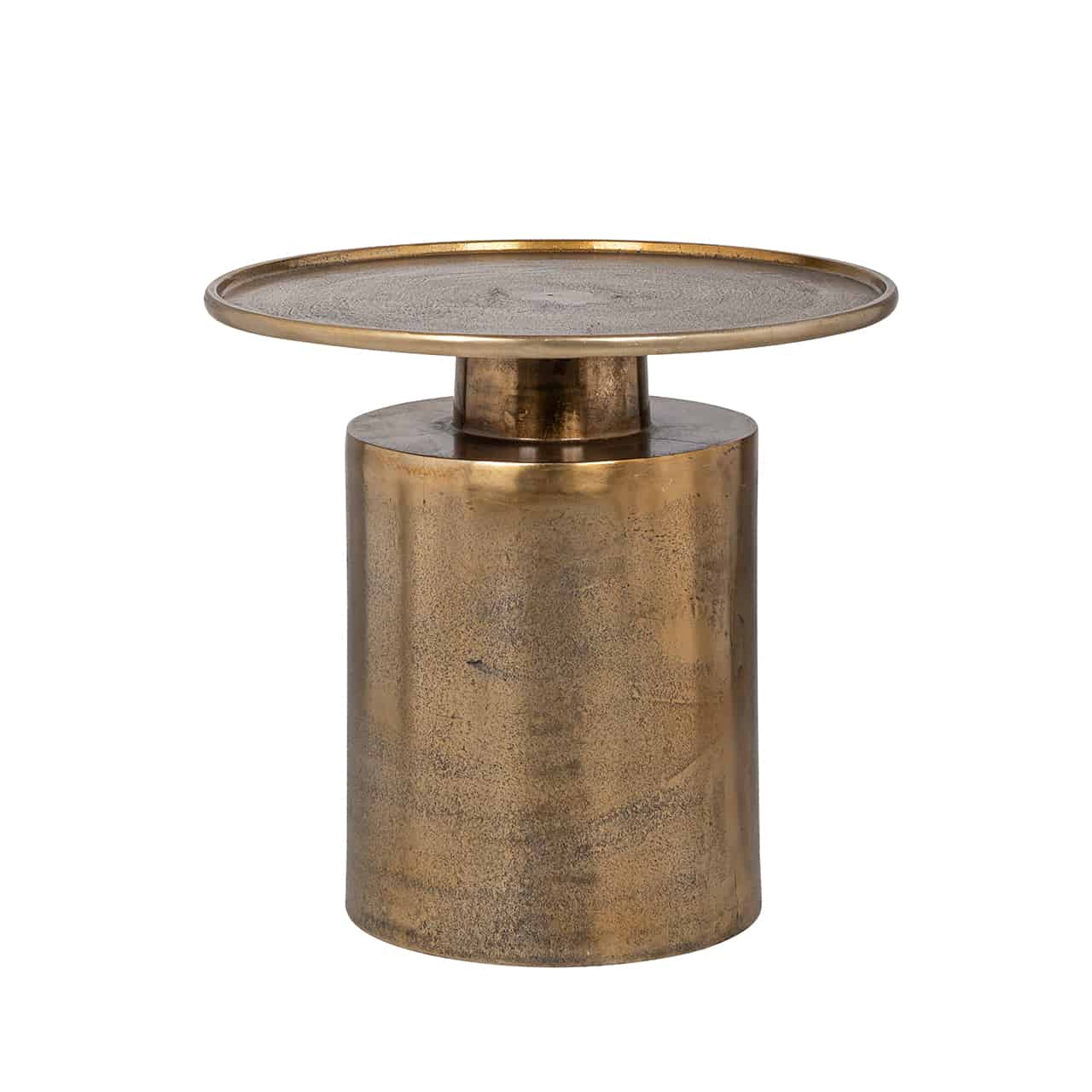 Beistelltisch gold gebürstet, bestehend aus einem zylinderförmigen Fuß, darauf ein kleiner runder Sockel, mit einer runden Tischplatte mit kleinem Rand.