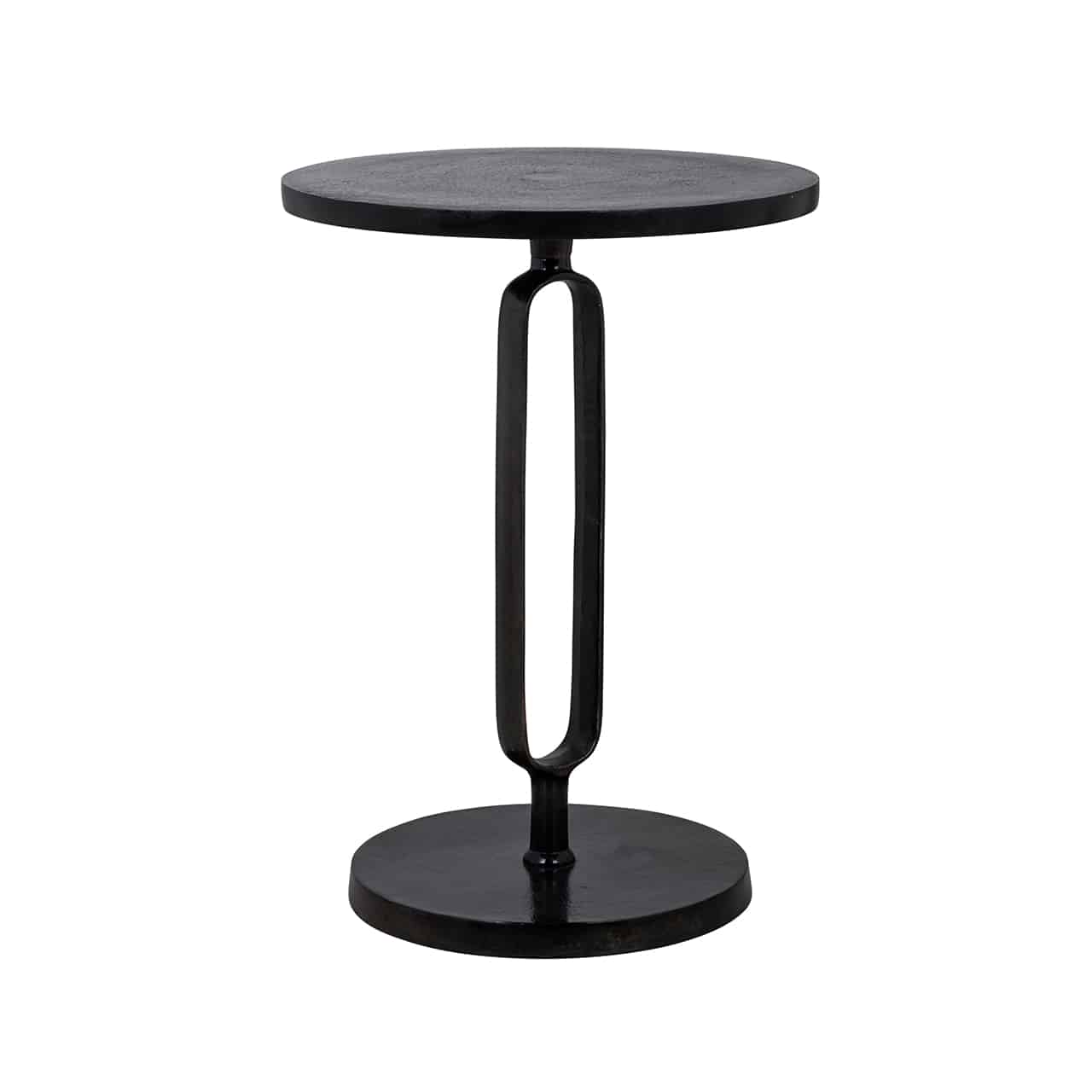 Schwarzer Beistelltisch mit einem runden Bodenteller, darauf  ein längliches Oval, oben und unten mit einem kleinen, runden Sockel, darauf eine runde Tischplatte.