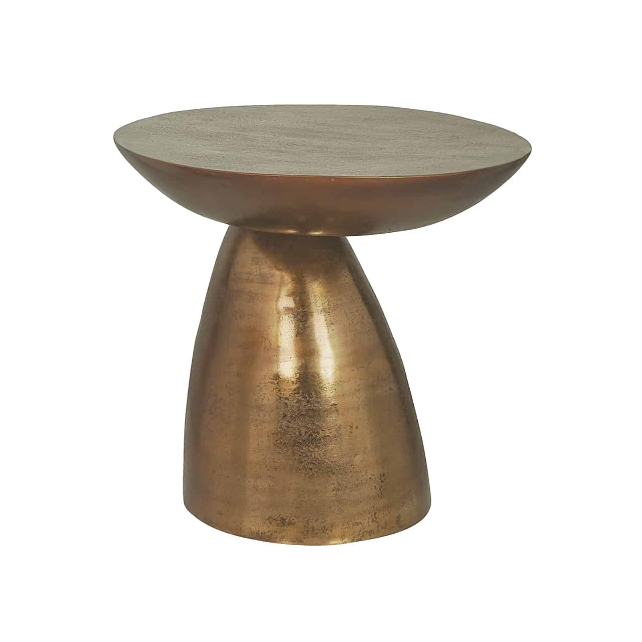 Goldener Beistelltisch; auf einem asymmetrischen, kegelförmigen  Fuß  liegt, nicht ganz mittig,  eine runde Tischplatte im Design einer abgedeckten, flachen  Schale auf.