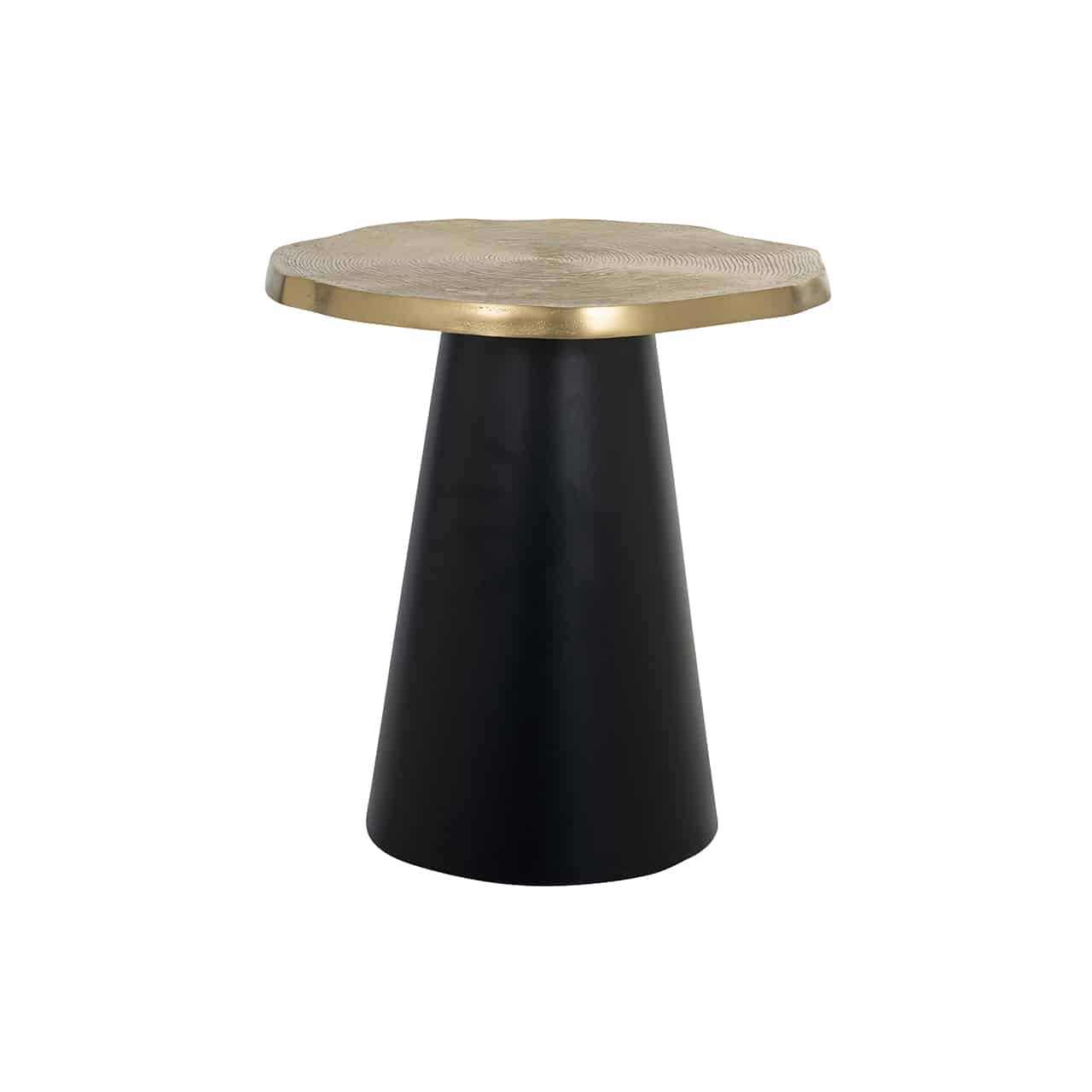 Beistelltisch mit einem hohen, kegelförmigen Fuß in schwarz, daraif eine Tischplatte im Design einer goldenen Baumscheibe.