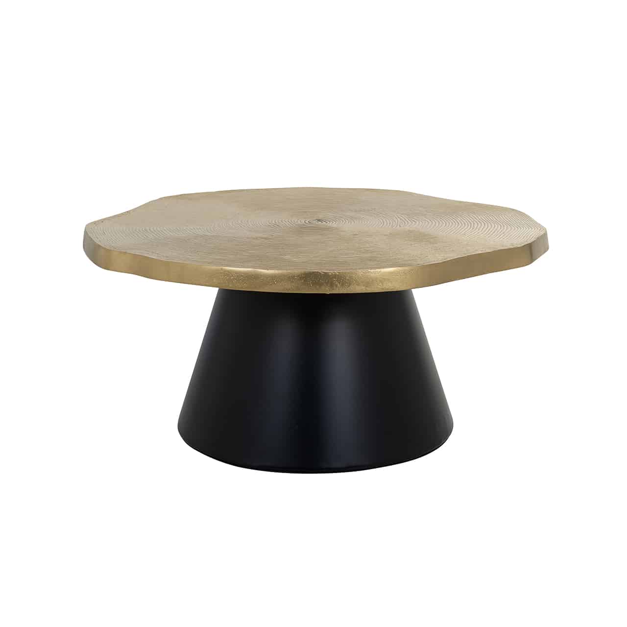 Couchtisch mit einem schwarzen Fuß im Design eines breiten, abgeschnittenen Kegels; darauf eine unregelmäßig runde, matt goldene, etwas dickere  Tischplatte.