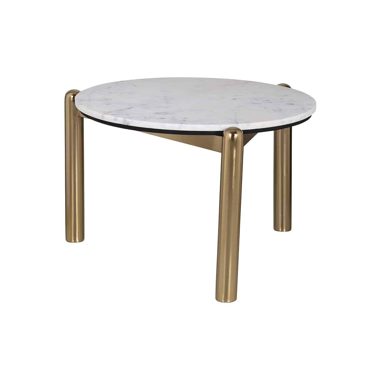 Couchtisch bestehend aus einem Gestell aus goldenem Metall mit drei kompakten runden Beinen mit gewölbten Abschluss; darauf eine Tischplatte aus weißem Marmor.