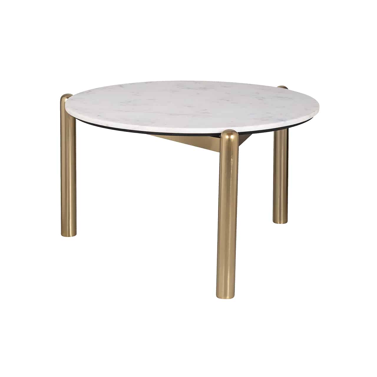 Couchtisch bestehend aus einem Gestell aus goldenem Metall mit drei kompakten runden Beinen mit gewölbten Abschluss; darauf eine Tischplatte aus weißem Marmor.