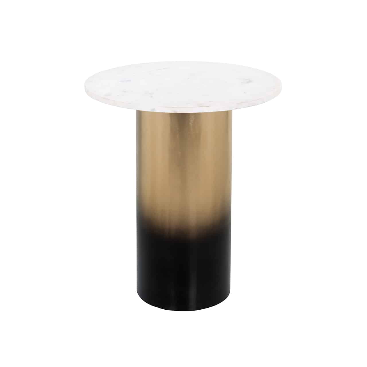 Moderner Beistelltisch; auf einem von dunklem braun nach gold übergehenden, zylinderförmigen  Fuß liegt eine runde Tischplatte aus weißem Marmor.