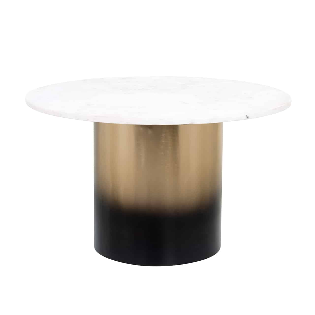 Couchtisch mit einem breiten, zylinderförmigen Fuß  unten schwarz, der nach oben in gold übergeht; darauf eine runde, weiße Marmorplatte.