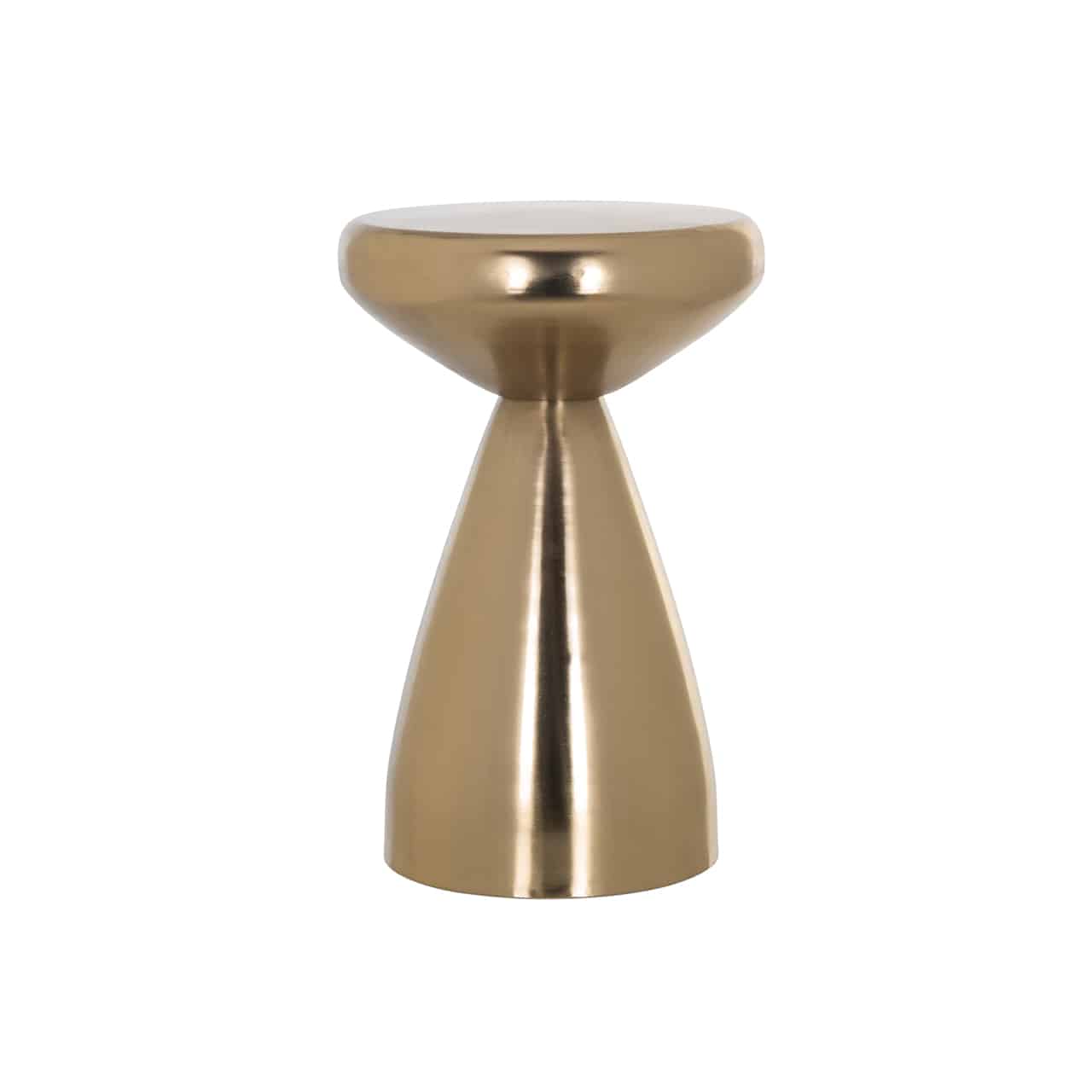 Runder, golden glänzender Beistelltisch mit einem kegelförmigen Fuß, darauf eine konisch zulaufende, runde Tischplatte.