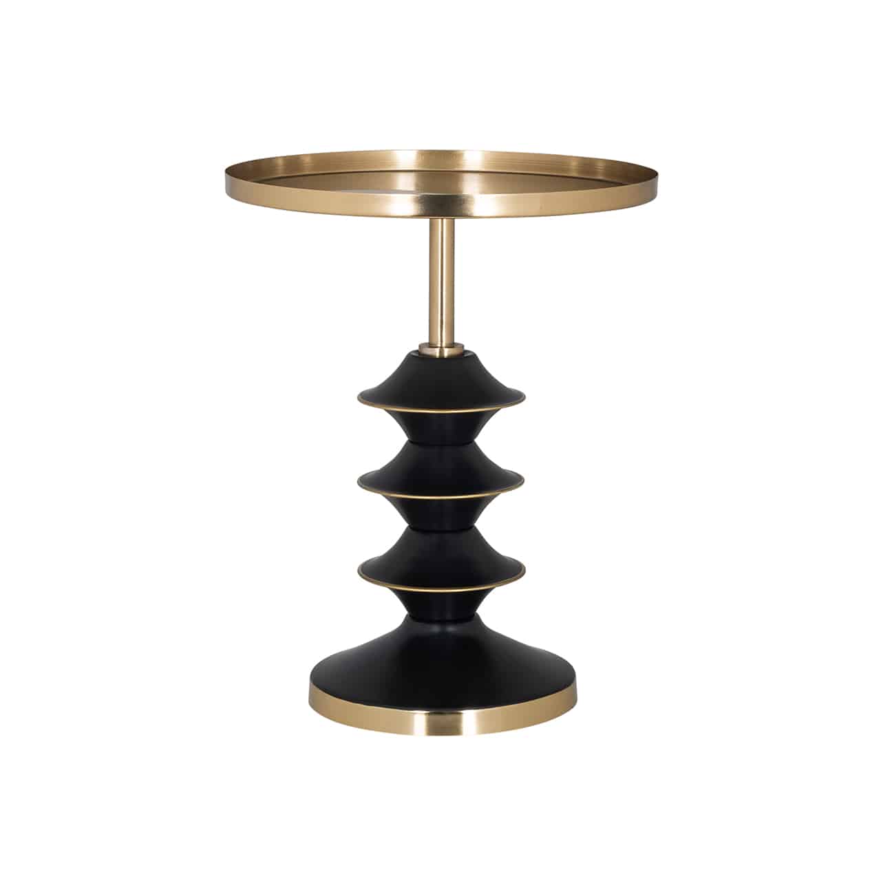 Moderner Beistelltisch mit einem schwarz-goldenen runden Standfuß, der entfernt an ein Schraubgewinde erinnert; darauf, auf einem dünnen goldenen Sockel  eine   einem Tablett ähnliche runde Tischplatte.
