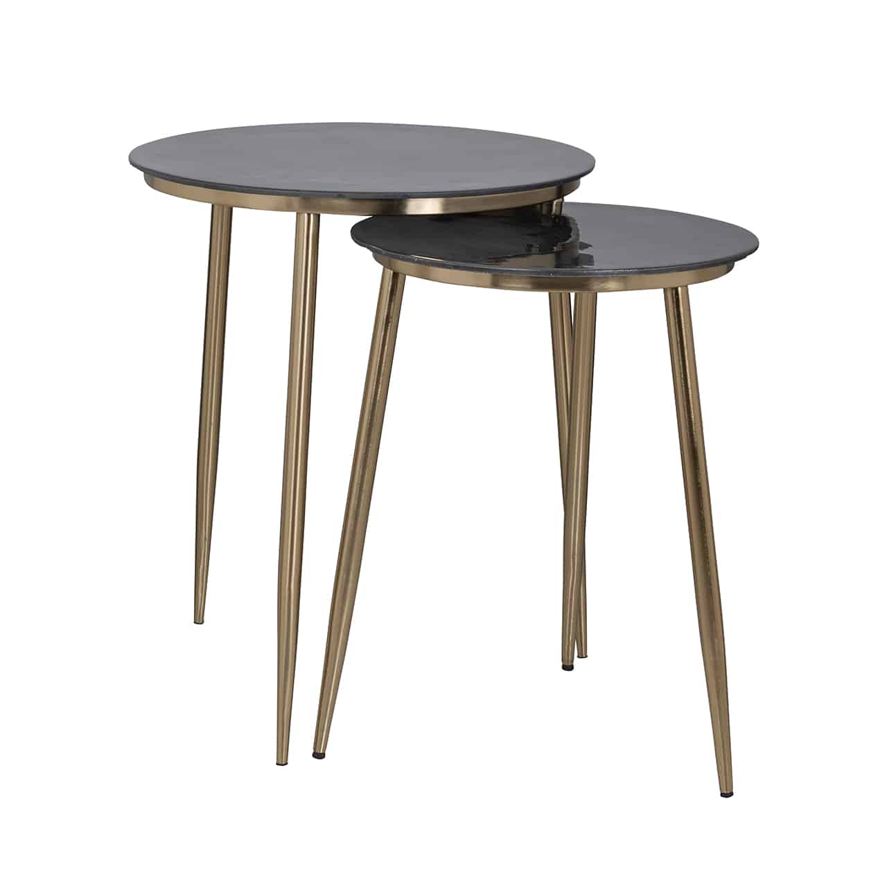 Beistelltisch 2er-Set, bestehend aus zwei runden Tischen verschiedener Größe; jeweils mit drei konischen, goldenen Beinen und einer runden Tischplatte in schwarz.