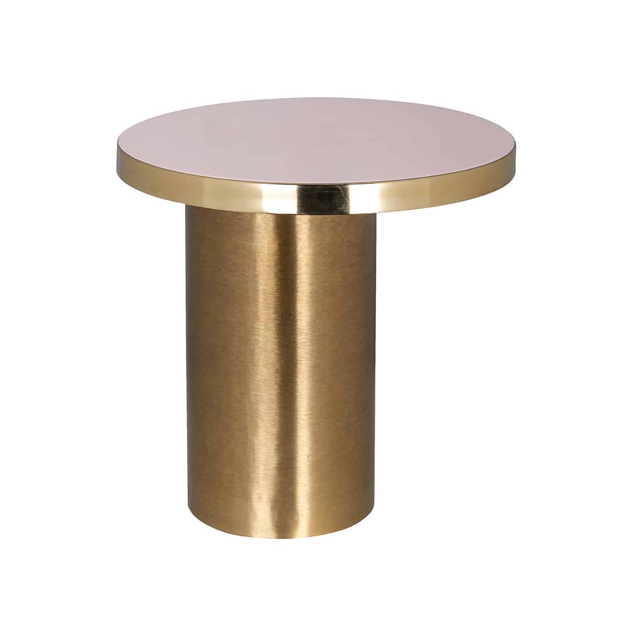 Beistelltisch mit einem zylinderförmigen Fuß aus gebürstetem Gold, darauf  leicht versetzt, eine runde Tischplatte in weiß, eingefasst von einem goldenen Band. 