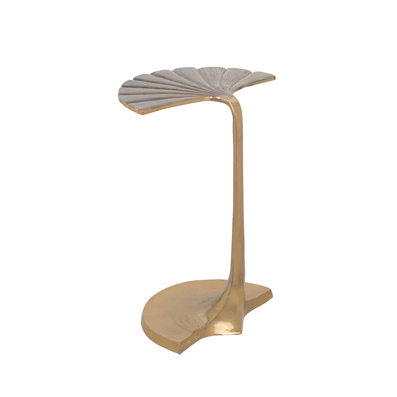 Goldener Beistelltisch; sowohl die Bodenplatte, als auch  die Tischoberfläche im Design eines halben Lotusblattes, beide verbunden durch einen stilisierten Blütenstängel, der den Fuß bildet. 