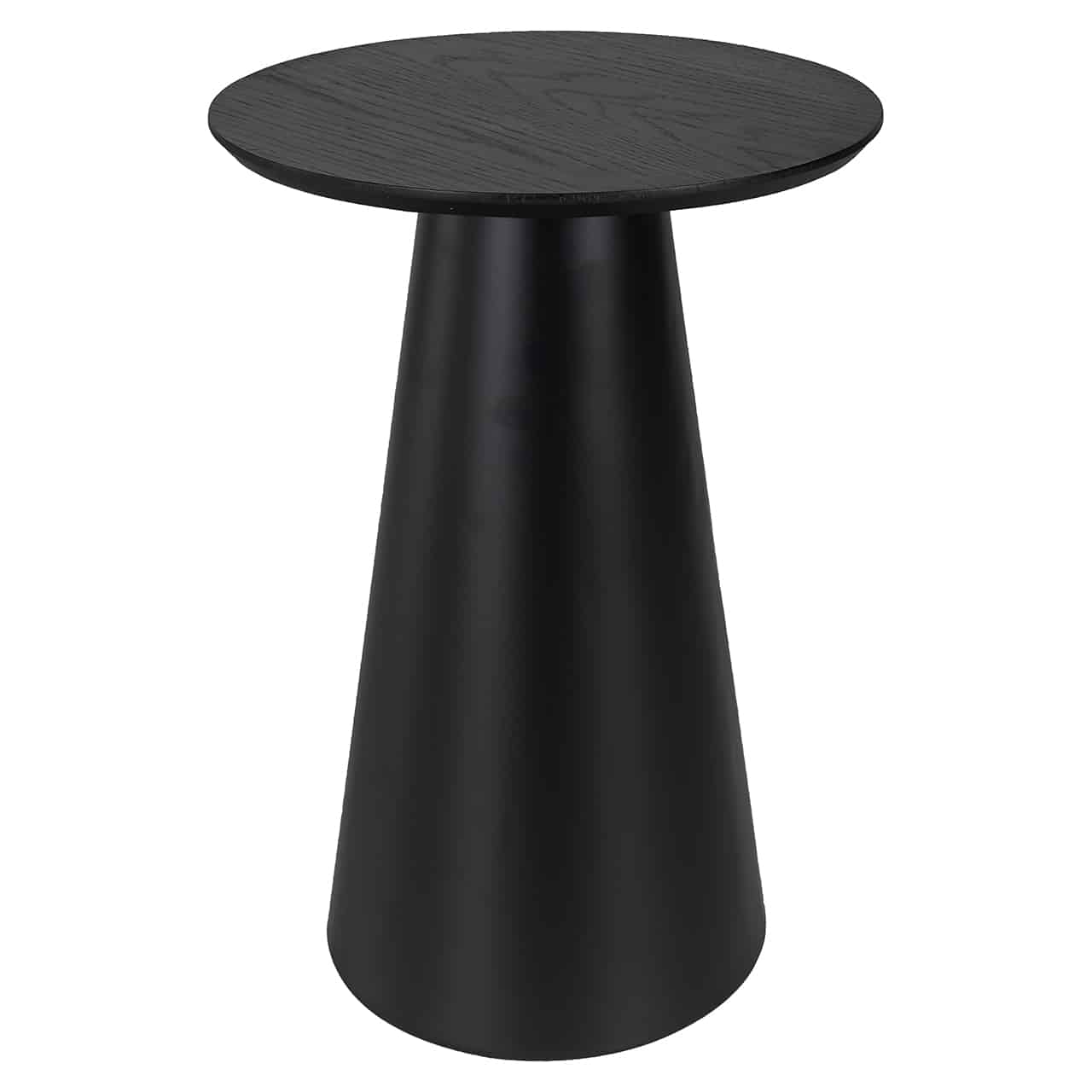 Beistelltisch in schwarz; mit einem konisch zulaufenden Fuß und kleiner, runder Tischplatte.