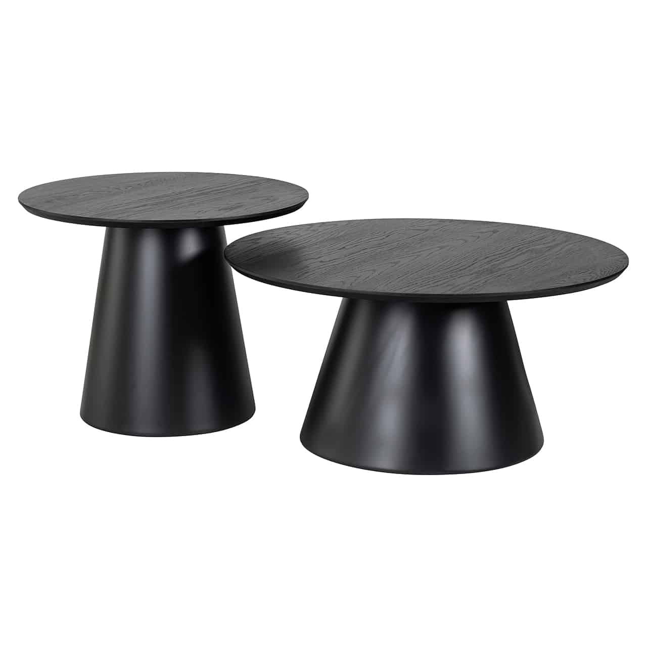 Couchtisch Set; zwei verschieden hohe Tische im Design eines abgeschnittenen Kegels, auf dem jeweils eine verschieden große runde Tischplatte angebracht ist; der höhere Tisch mit kleinerer, der niedrigere mit größerer Tischplatte.