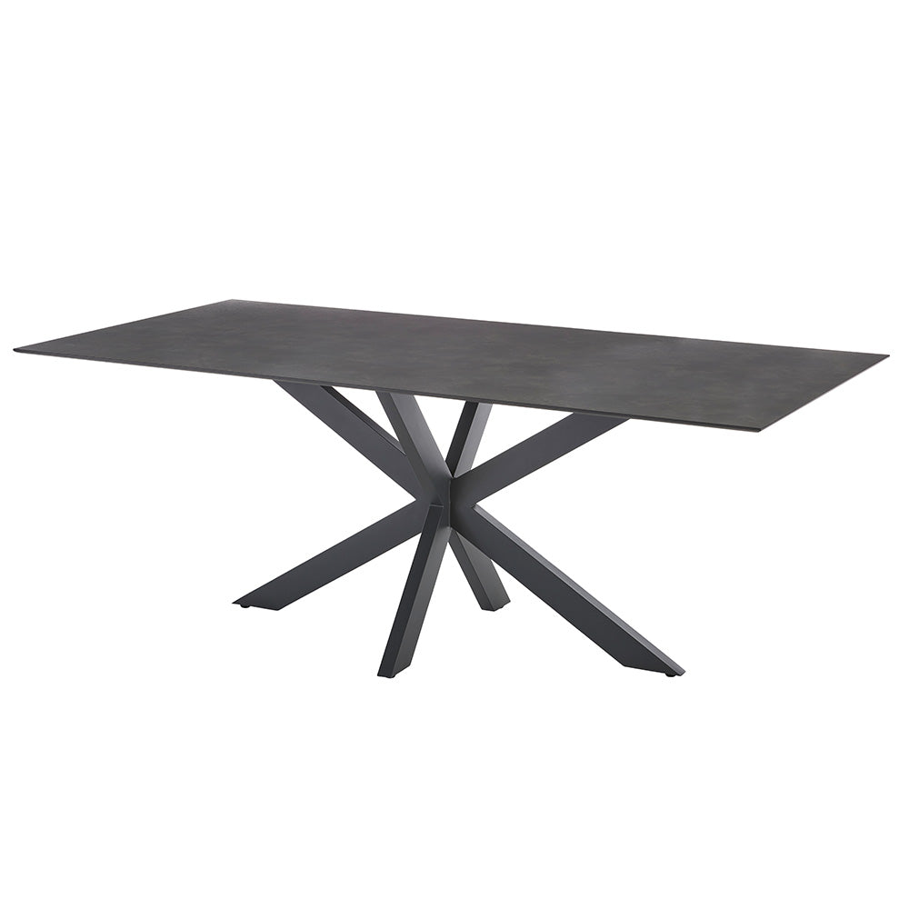 Hochwertiges, mittig gekreuztes Tischgestell aus Edelstahl Dunkelgrau, pulverbeschichtet. Tischplatte aus HPL 13 mm in Granit Dunkel mit umlaufender Unterfase an der Tischkante.