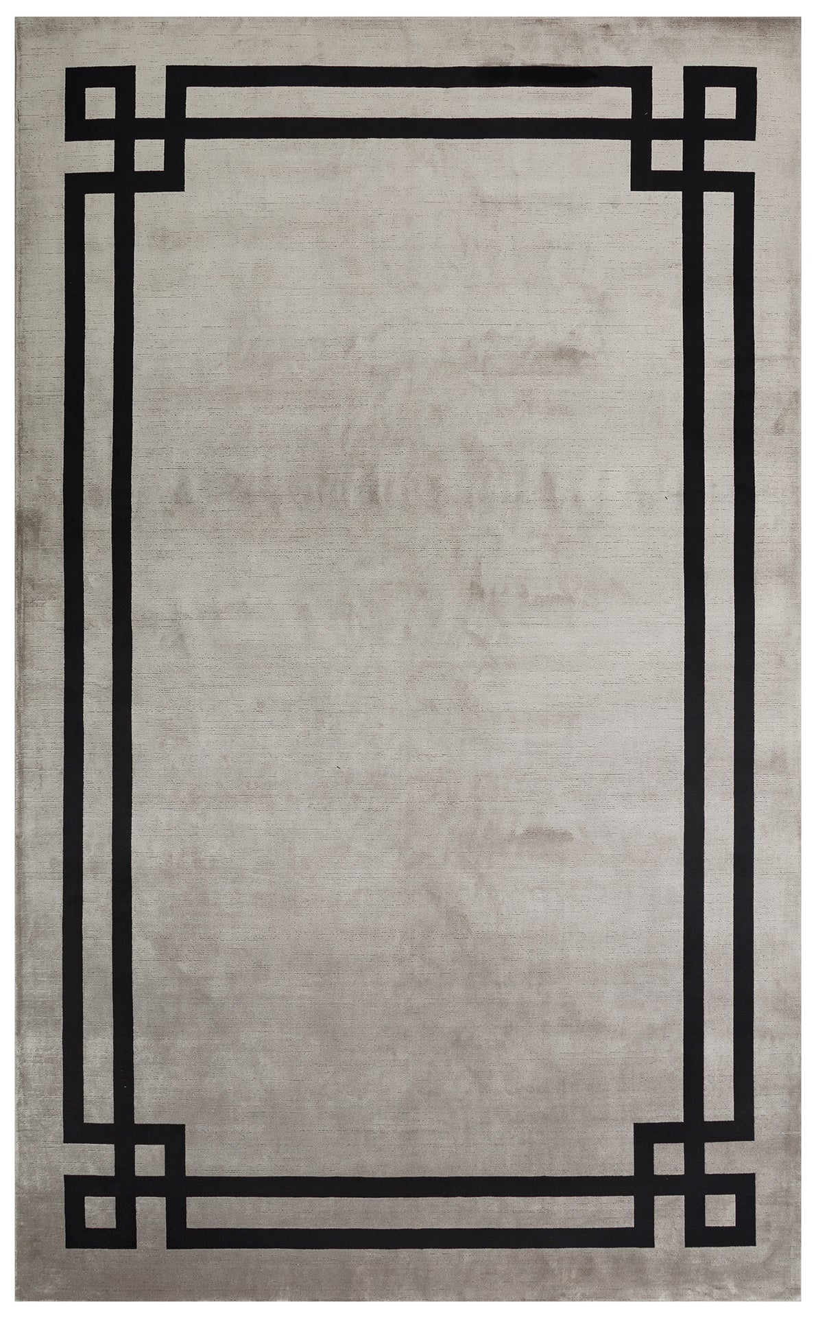 Teppich Tula grau 200x300 cm von Richmond; grauer, rechteckiger Teppich, außen mit eier Umrandung von, zwei, sich in den Ecken kreuzender schwarzen Streifen.