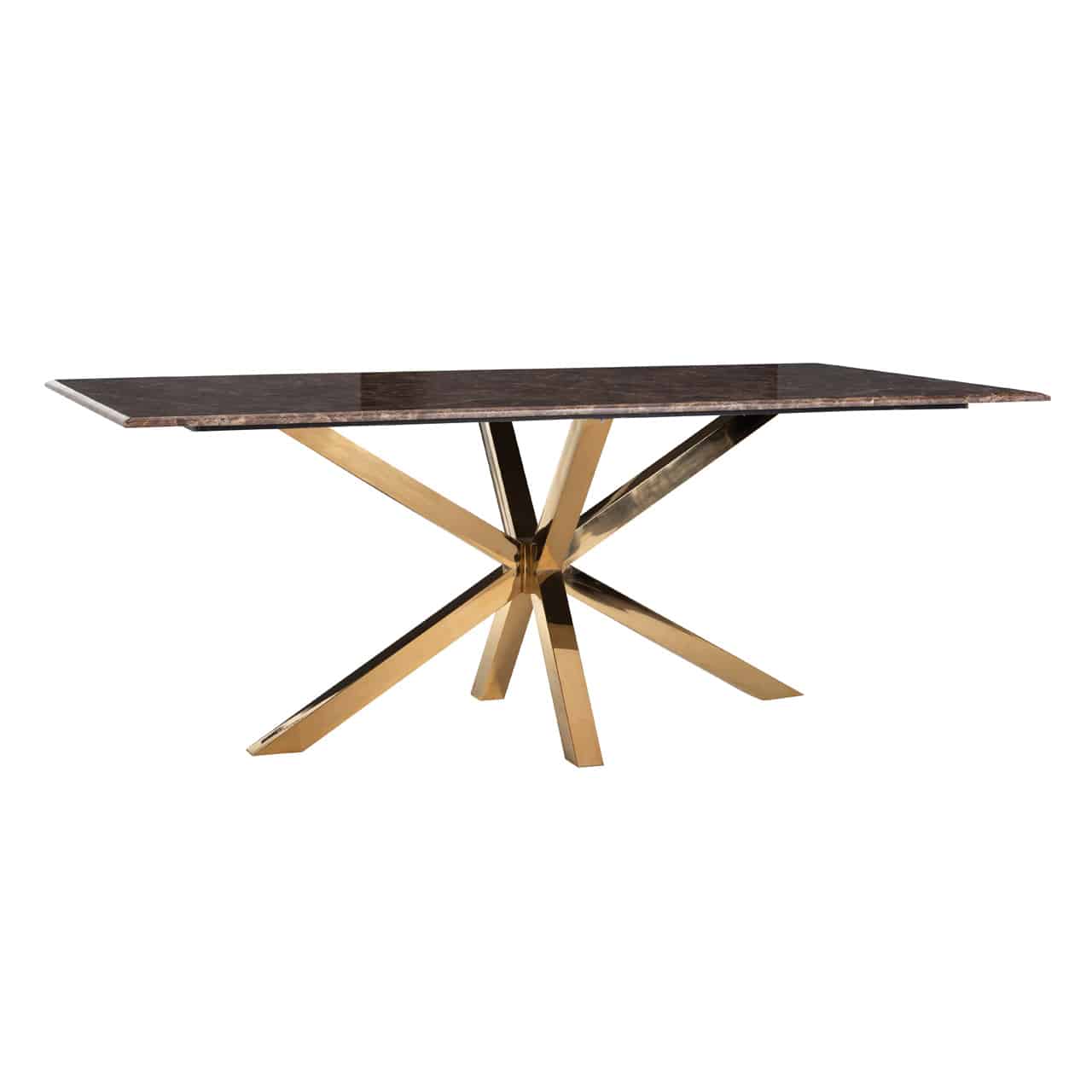 Esstisch mit einem Edelstahl Gestell aus sternförmig angeordneten goldenen Planken; darauf eine quadratische, braun marmorierte Tischplatte.