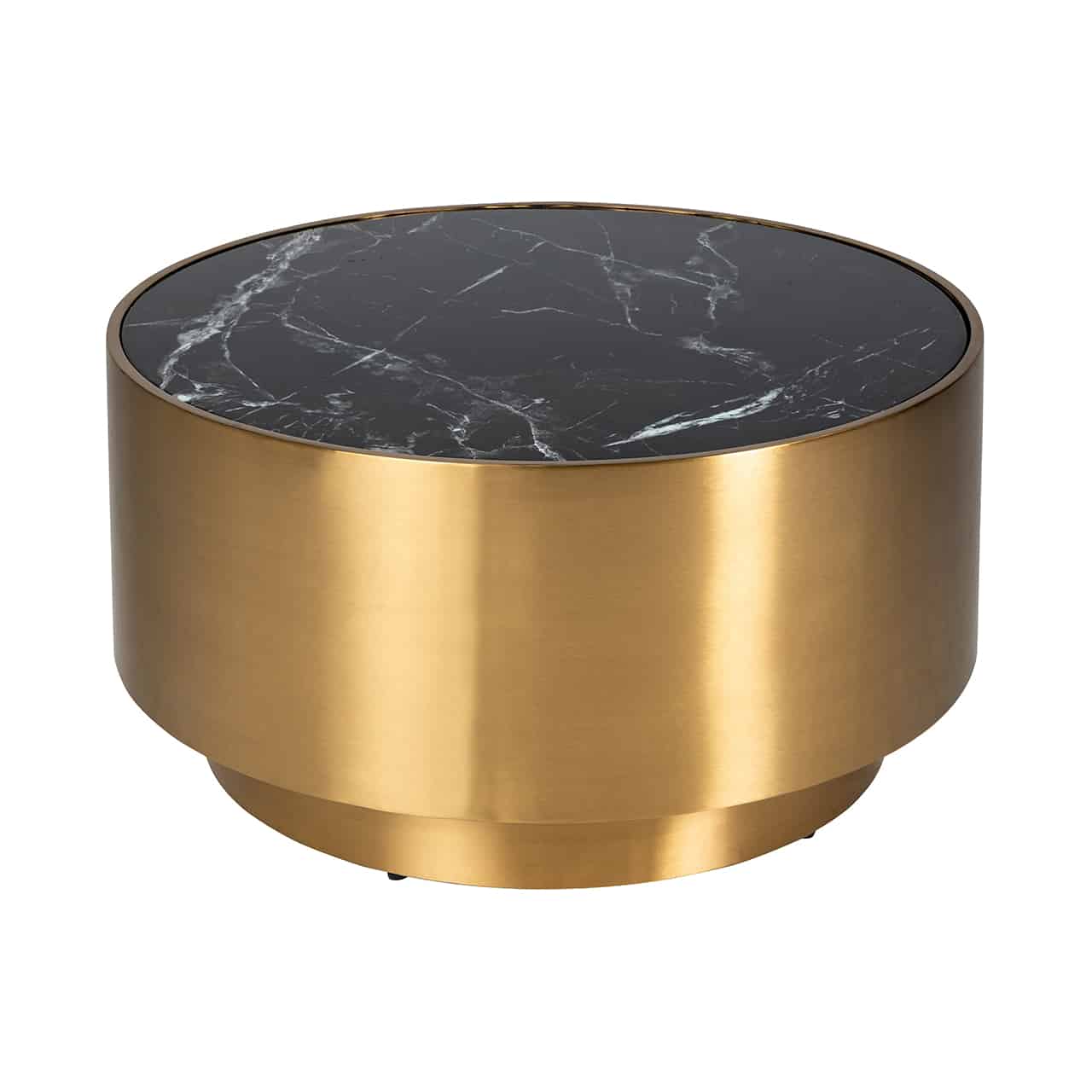 Auf einem runden, goldenen Sockel ein trommelförmiger goldener Couchtisch  mit eingelegter schwarz marmorierter Tischplatte.
