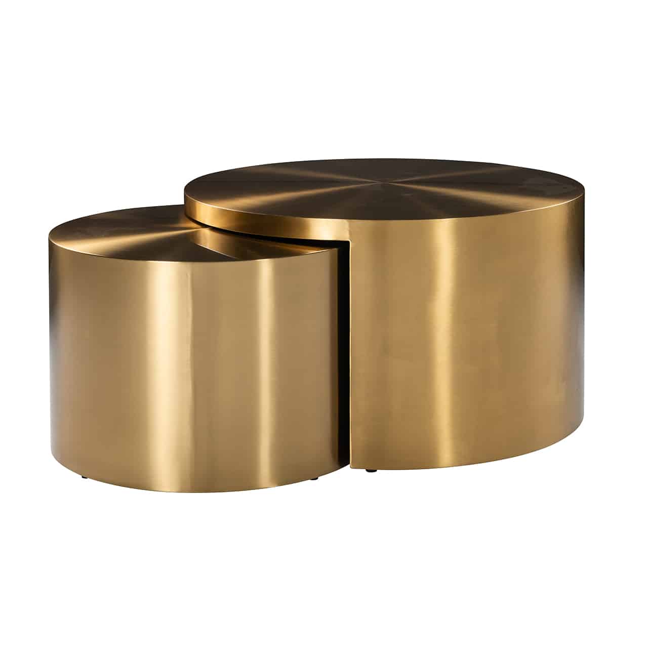 Couchtisch 2er Set im Design von zwei flachen, goldenen Zylindern verschiedener Höhe;  der größere hat  unter den Tischplatte eine Aussparung, sodass beide Tische zu ca. einem Drittel ineinandergeschoben sind