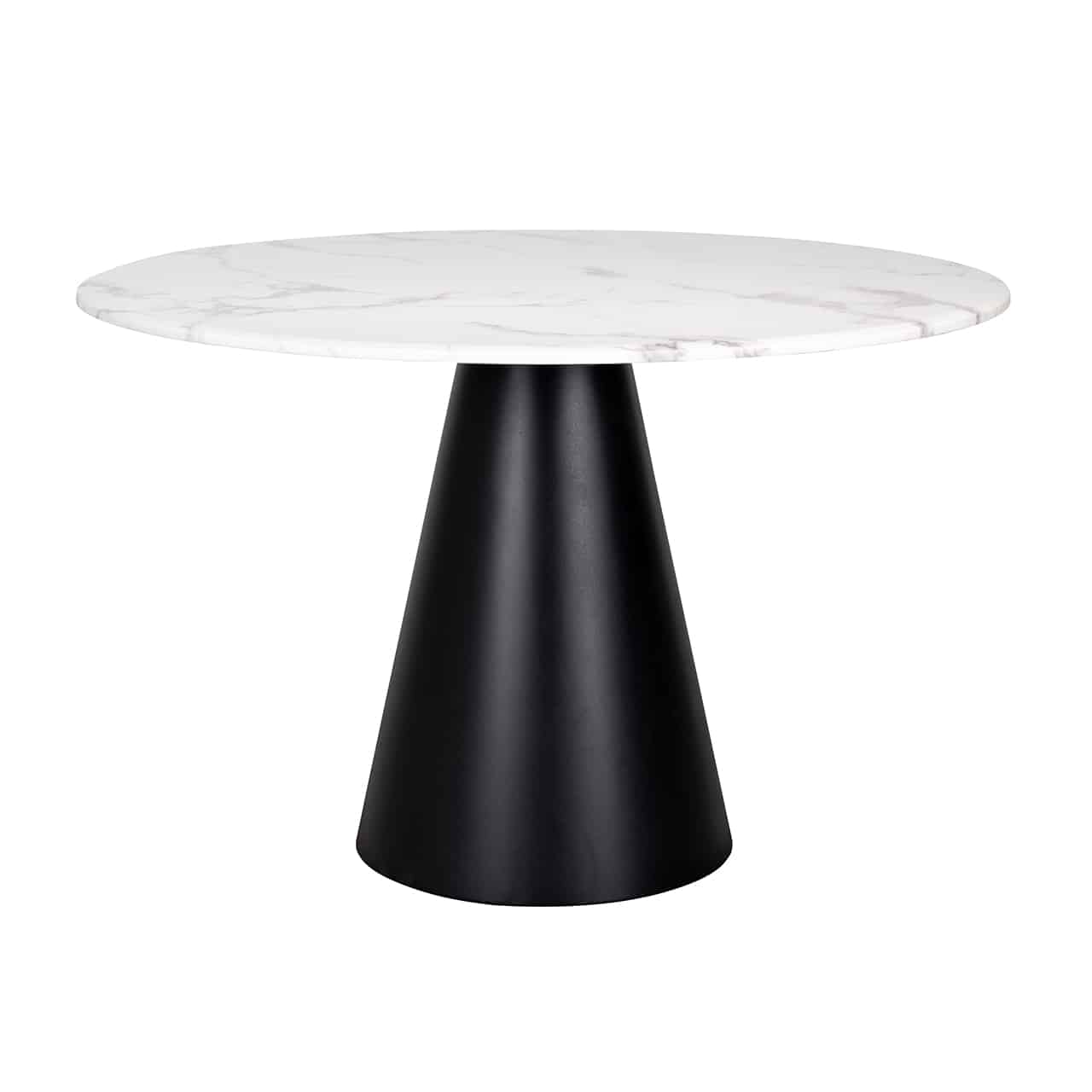 Moderner  Esstisch mit einem schwarzen, zylinderförmigen Fuß aus Edelstahl, darauf eine runde, weiß marmorierte Tischplatte.