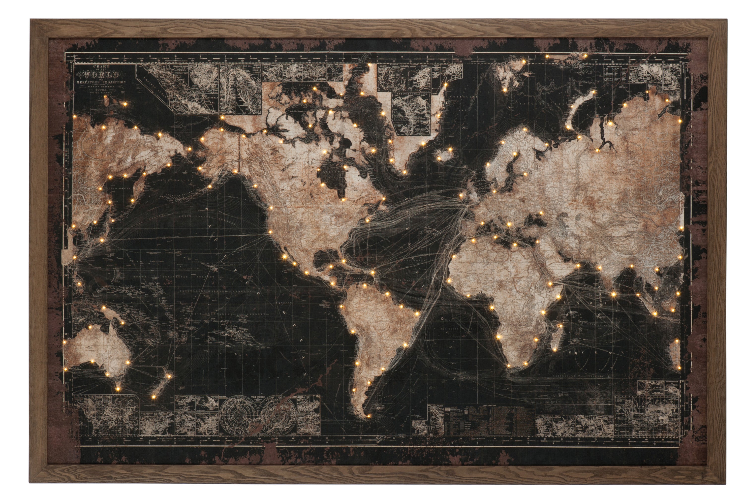 Großes, LED-Wandbild "DIE GANZE Welt im Blick", stabiler Kanvas-Stoff und MDF-Holz SCHWARZ/BRAUN (175x5x116cm)