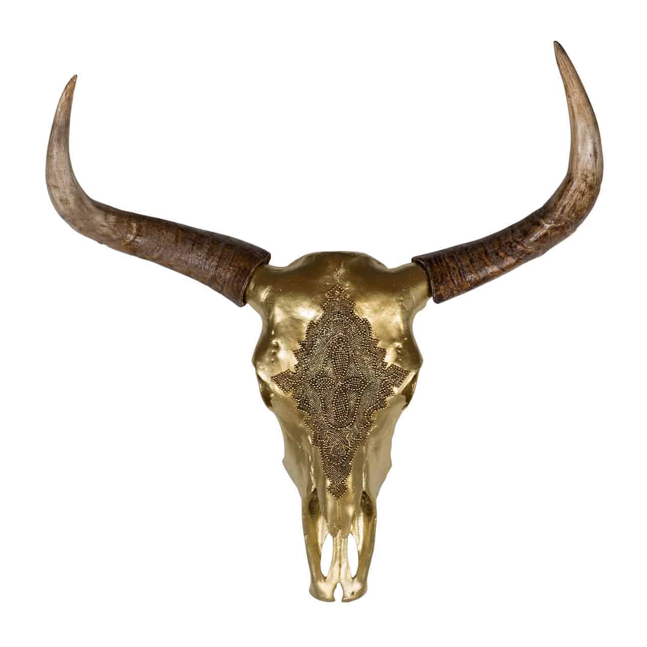 0ac-0005richmond; Wnnddeko- Skelett eines Bisonschädels in gold mit spitzen Hörnern naturfarben .