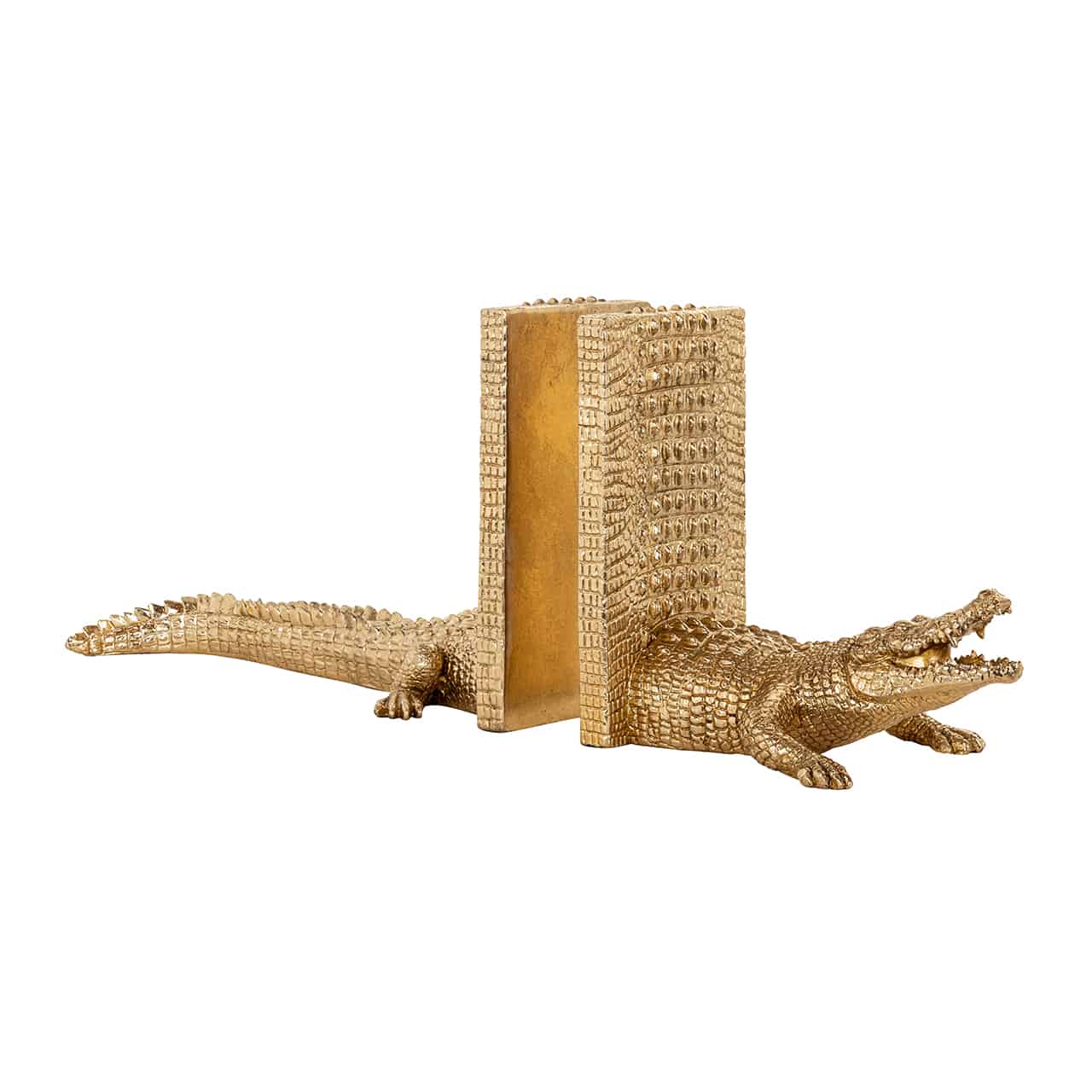 BS-0005richmond; zwei goldfarbene Buchstützen, die aneinandergeschoben ein Krokodil  bilden; die Stützen selber auch in Krokooptik.