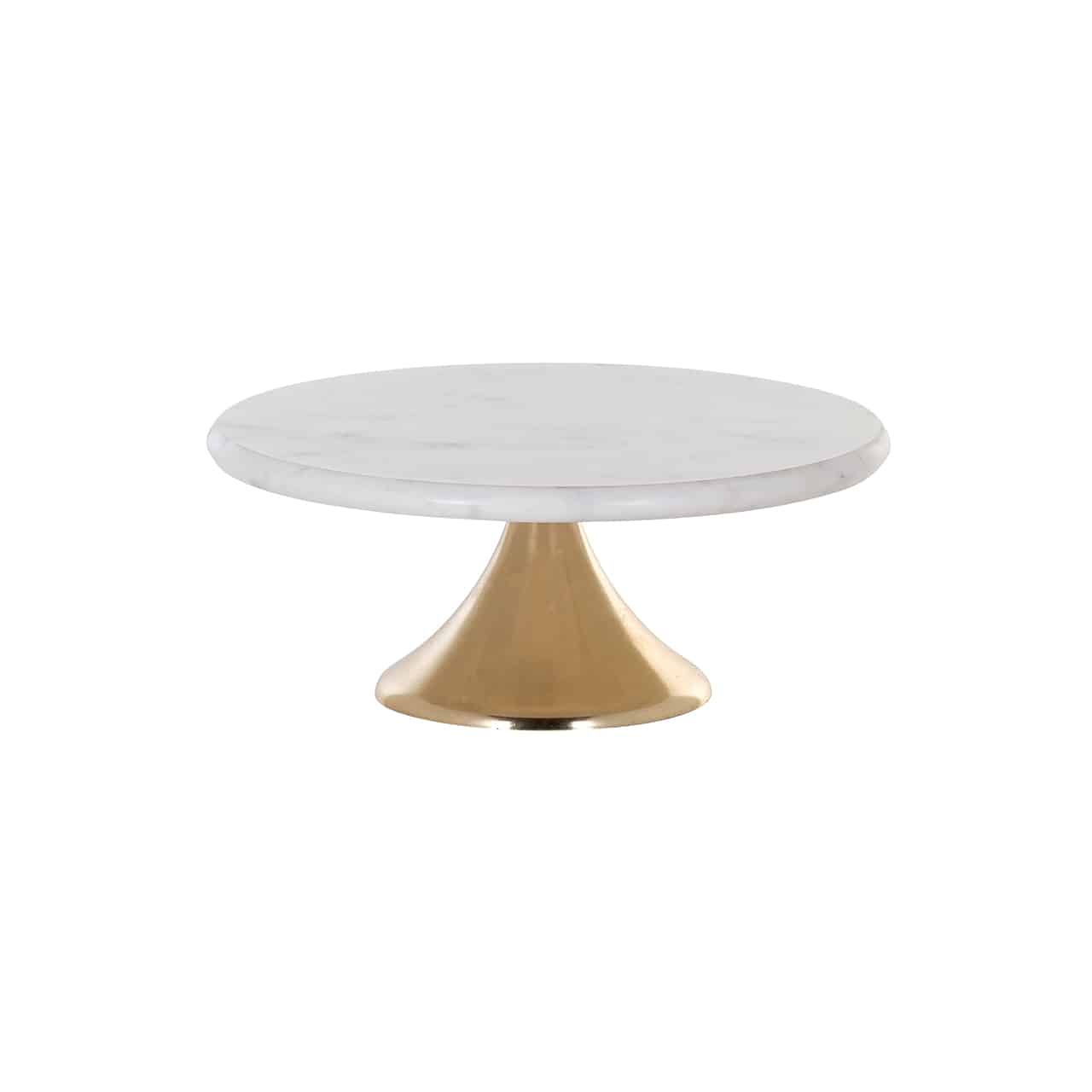 Kuchenplatte/Tortenständer von Richmond; klassisches Design; auf einem nach oben dünner werdenden runden Sockel in gold ist eine fingerdicke, runde Platte in weiß angebracht.