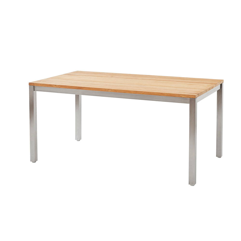 Hochwertiger Tisch mit Gestell aus Edelstahl/304 und einer rechteckigen Tischplatte in 25 mm Stärke mit drei breiten Planken aus recyceltem Teakholz; Beine mit Schraubfüßen für Niveauausgleich.