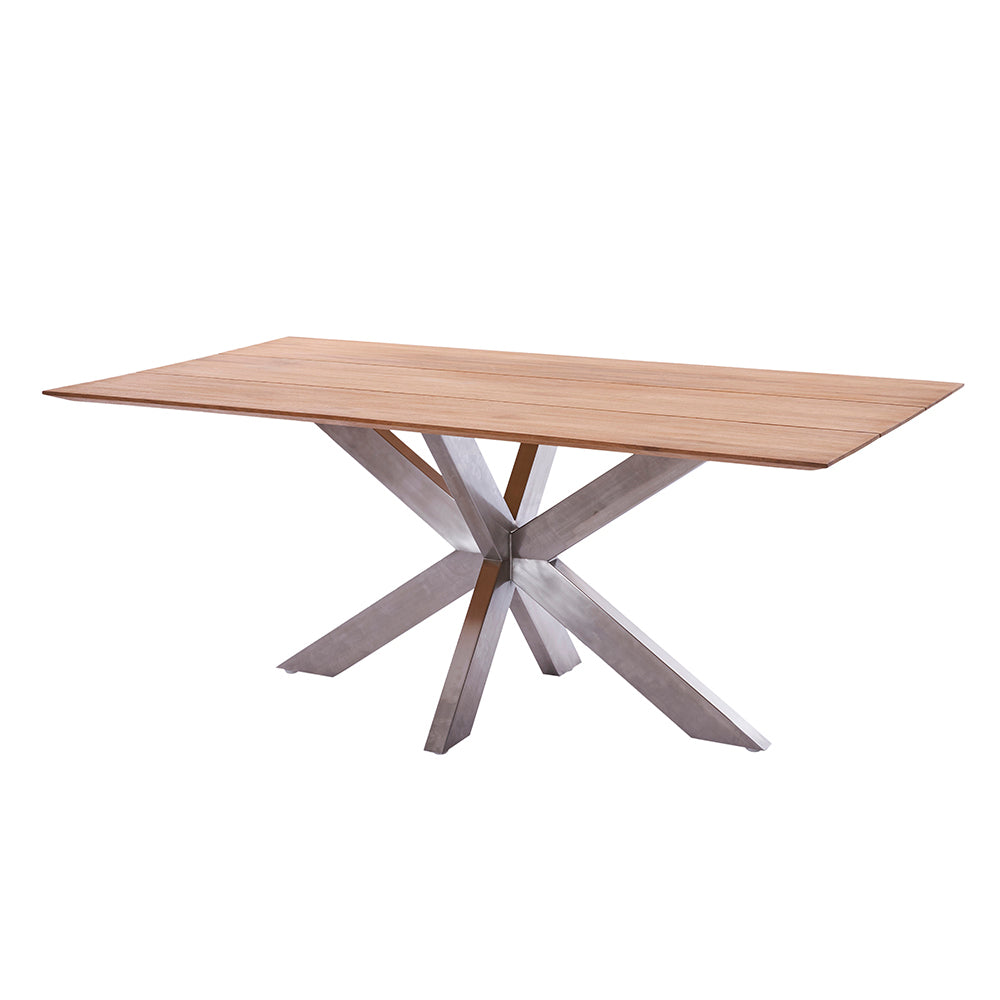 Rechteckige Tischplatte aus Recycled Teak in 30 mm Stärke, drei breiten Planken und umlaufender Unterfase an der Tischkante für Marbella Tischgestell.