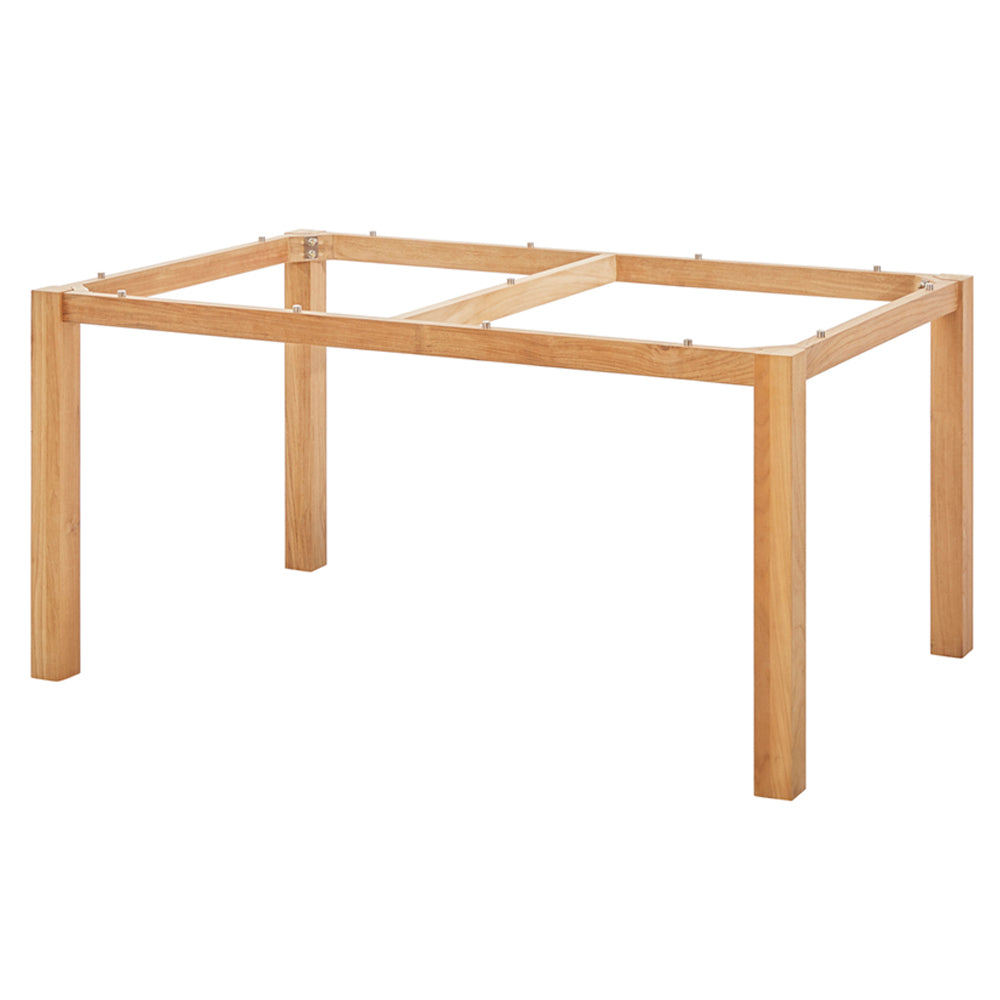 Rechteckiges Premium Teakgestell frei kombinierbar mit einer DiGa Compact Tischplatte (HPL), oder einer Recycled Teak Tischplatten 3 Planken mit umlaufender Unterfase an der Tischkante. Beine mit Schraubfüßen für Niveauausgleich.