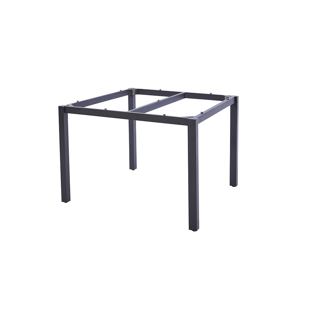Quadratisches Hochwertiges Edelstahlgestell-Dunkelgrau, pulverbeschichtet frei kombinierbar mit einer DiGa Compact Tischplatte (HPL), oder einer Recycled Teak Tischplatte 3 Planken mit umlaufender Unterfase an der Tischkante. Beine mit Schraubfüßen für Niveauausgleich.