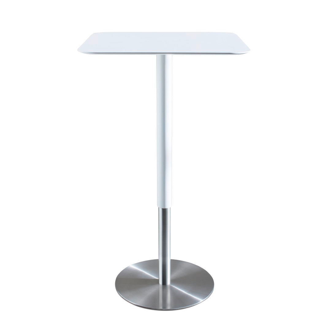 ED Stehtisch / Bartisch von Moree mit einer Tischplatte aus HPL weiß, einem Mittelteil aus weiß lackiertem pulverbeschichtetem Stahl und  einer runden Bodenplatte aus gebürstetem Edelstahl.